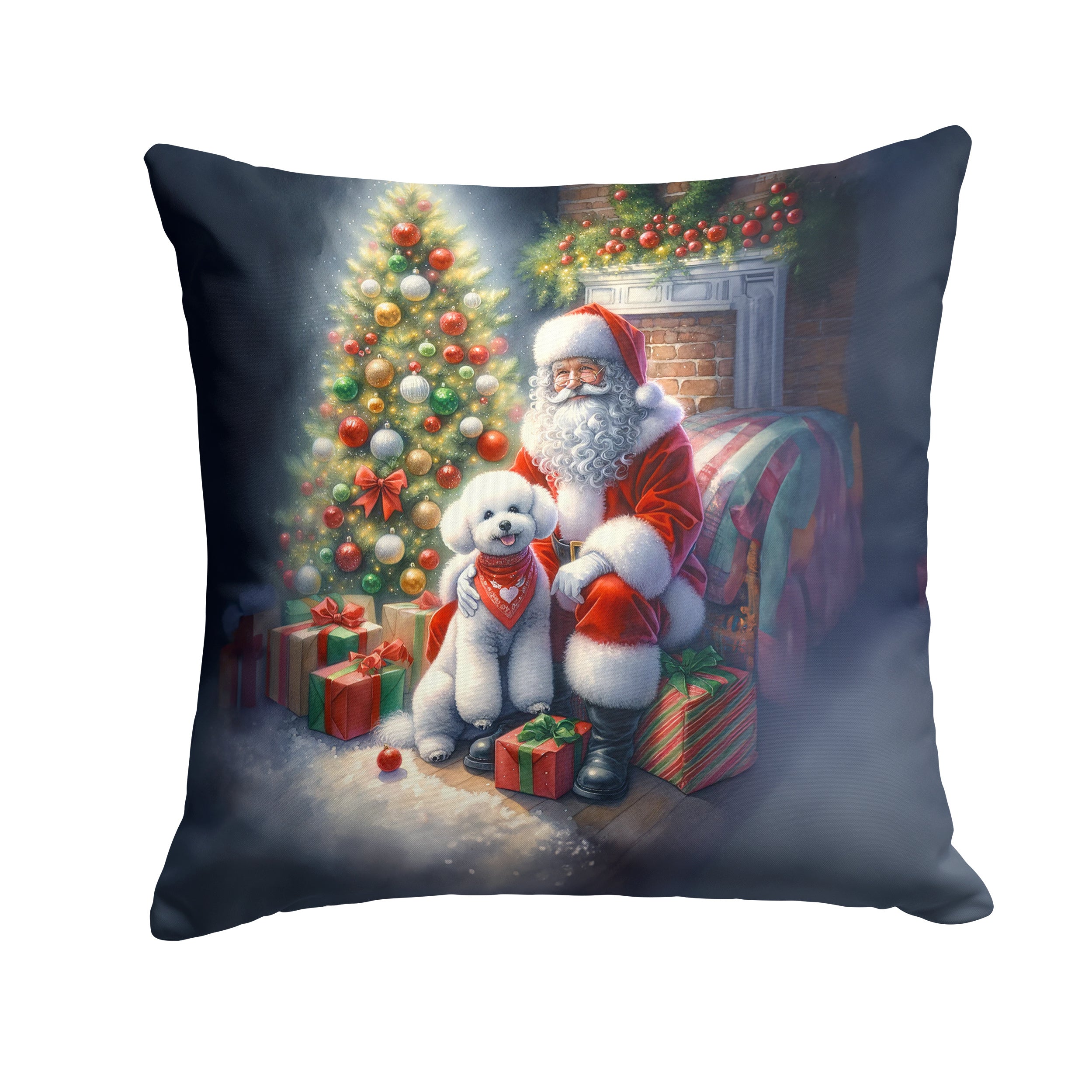 Bichon Frise and Santa Claus Throw Pillow Machine Washable, Indoor Outdoor Decorative Pillow for Couch, Bed or Patio, 14Hx14W