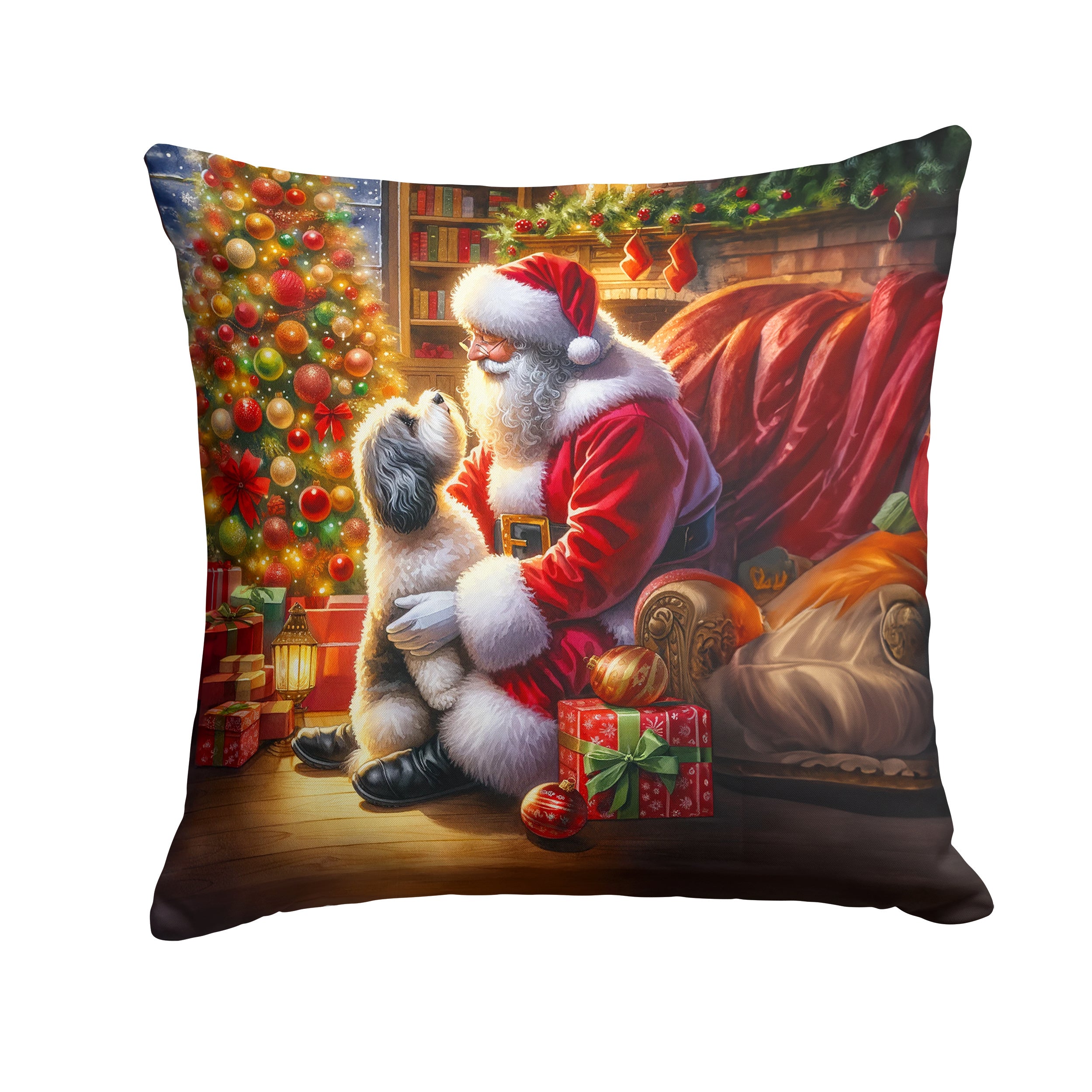 Havanese and Santa Claus Throw Pillow Machine Washable, Indoor Outdoor Decorative Pillow for Couch, Bed or Patio, 14Hx14W