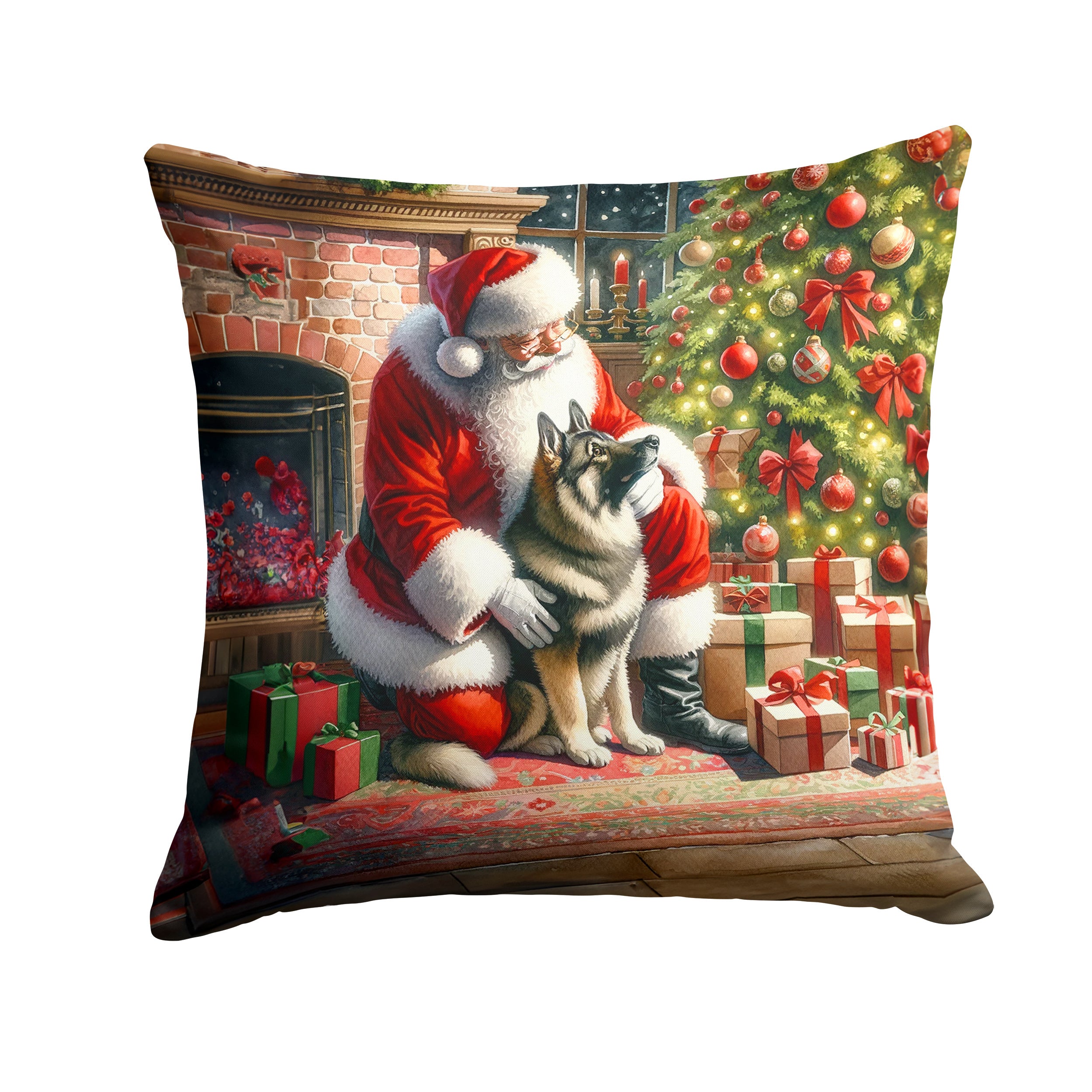 Norwegian Elkhound and Santa Claus Throw Pillow Machine Washable, Indoor Outdoor Decorative Pillow for Couch, Bed or Patio, 14Hx14W