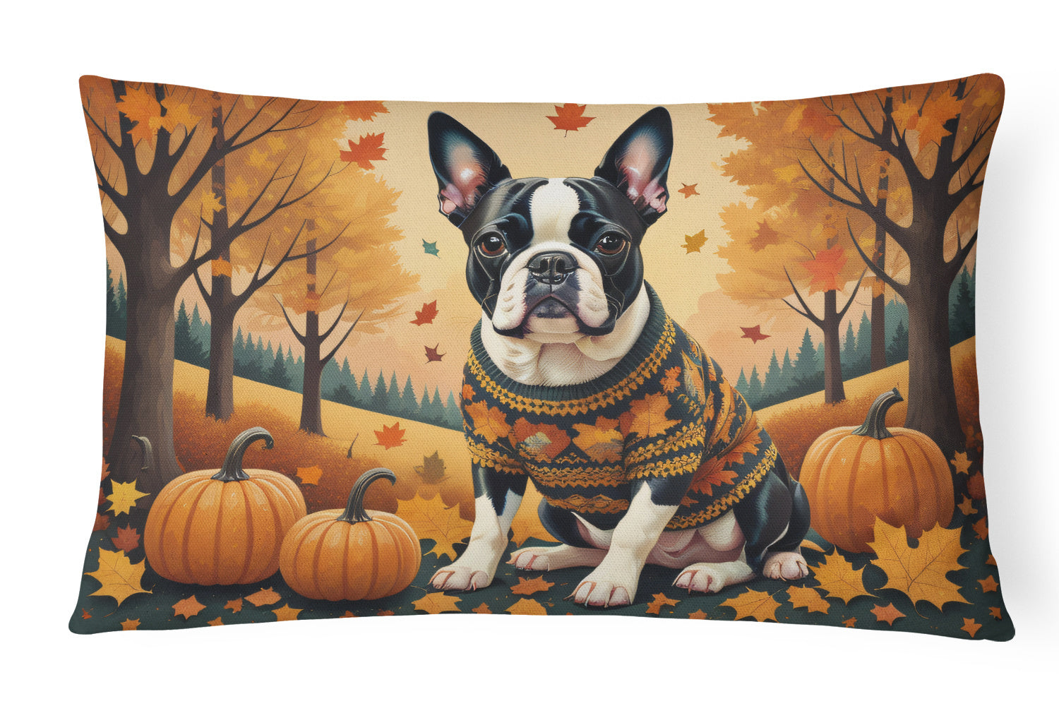 Autumn Leaves Throw Pillow Throw Pillow for Indoor Couch Bed Outdoor Patio Washable, Boston Terrier,12Hx16W