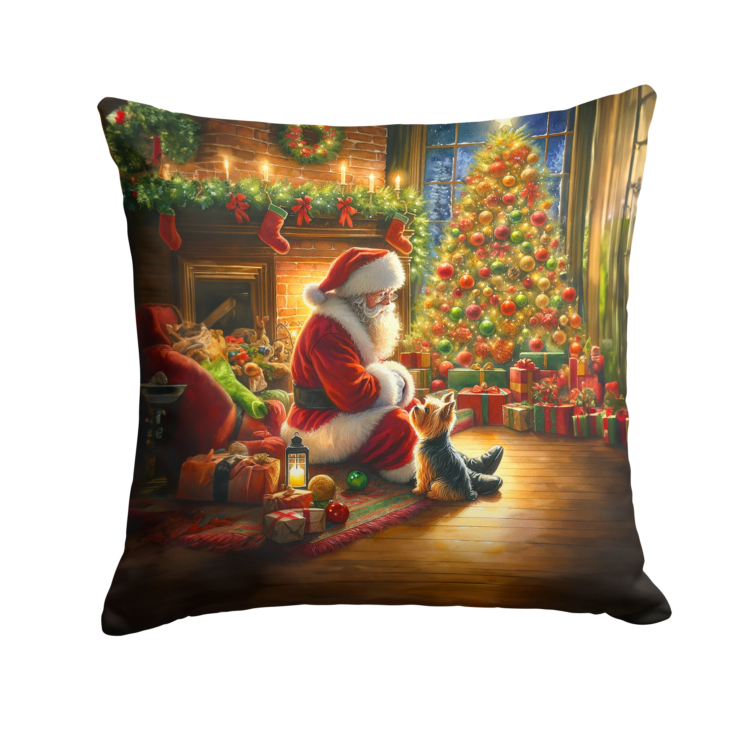 Yorkshire Terrier Yorkie and Santa Claus Throw Pillow Machine Washable, Indoor Outdoor Decorative Pillow for Couch, Bed or Patio, 14Hx14W