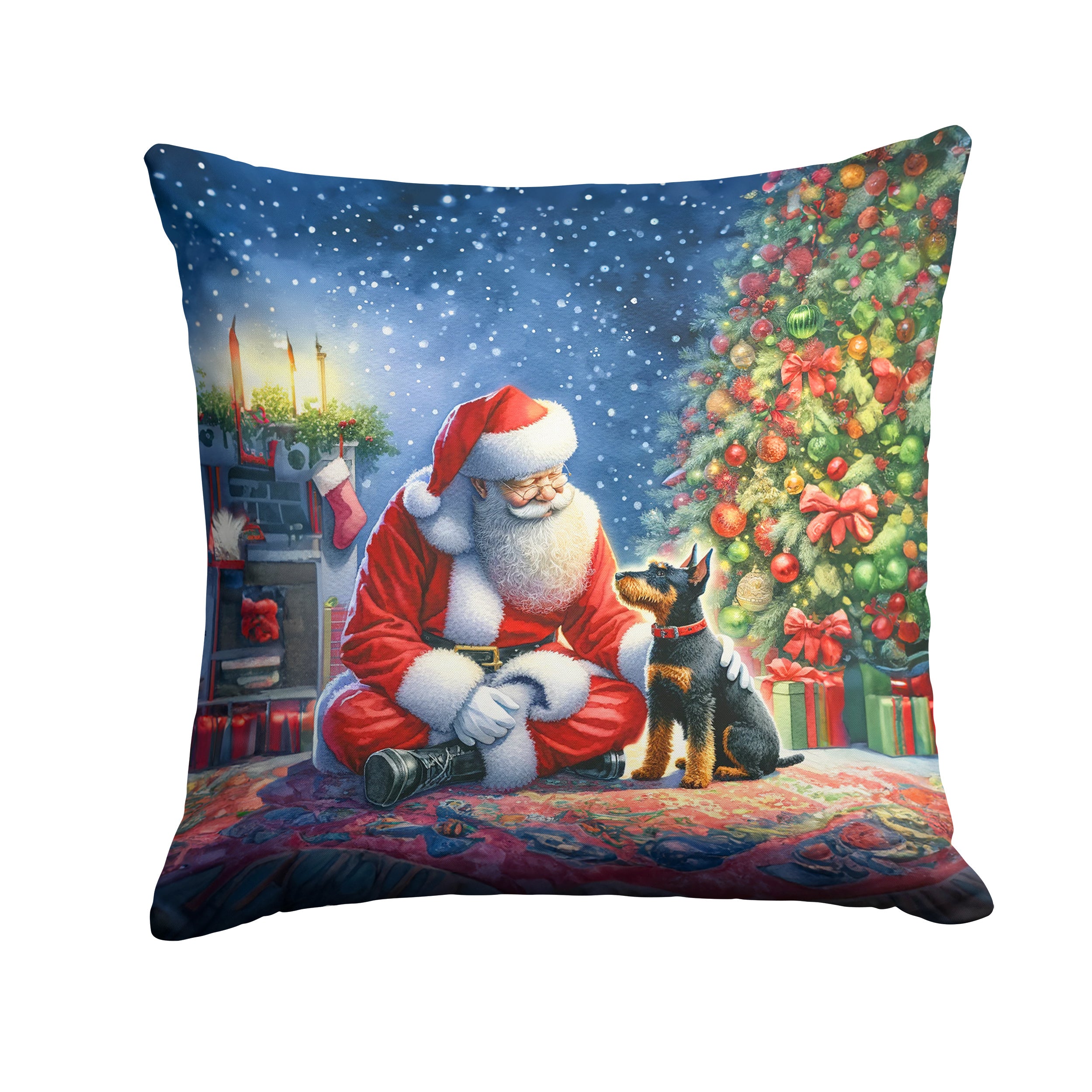 Manchester Terrier and Santa Claus Throw Pillow Machine Washable, Indoor Outdoor Decorative Pillow for Couch, Bed or Patio, 14Hx14W