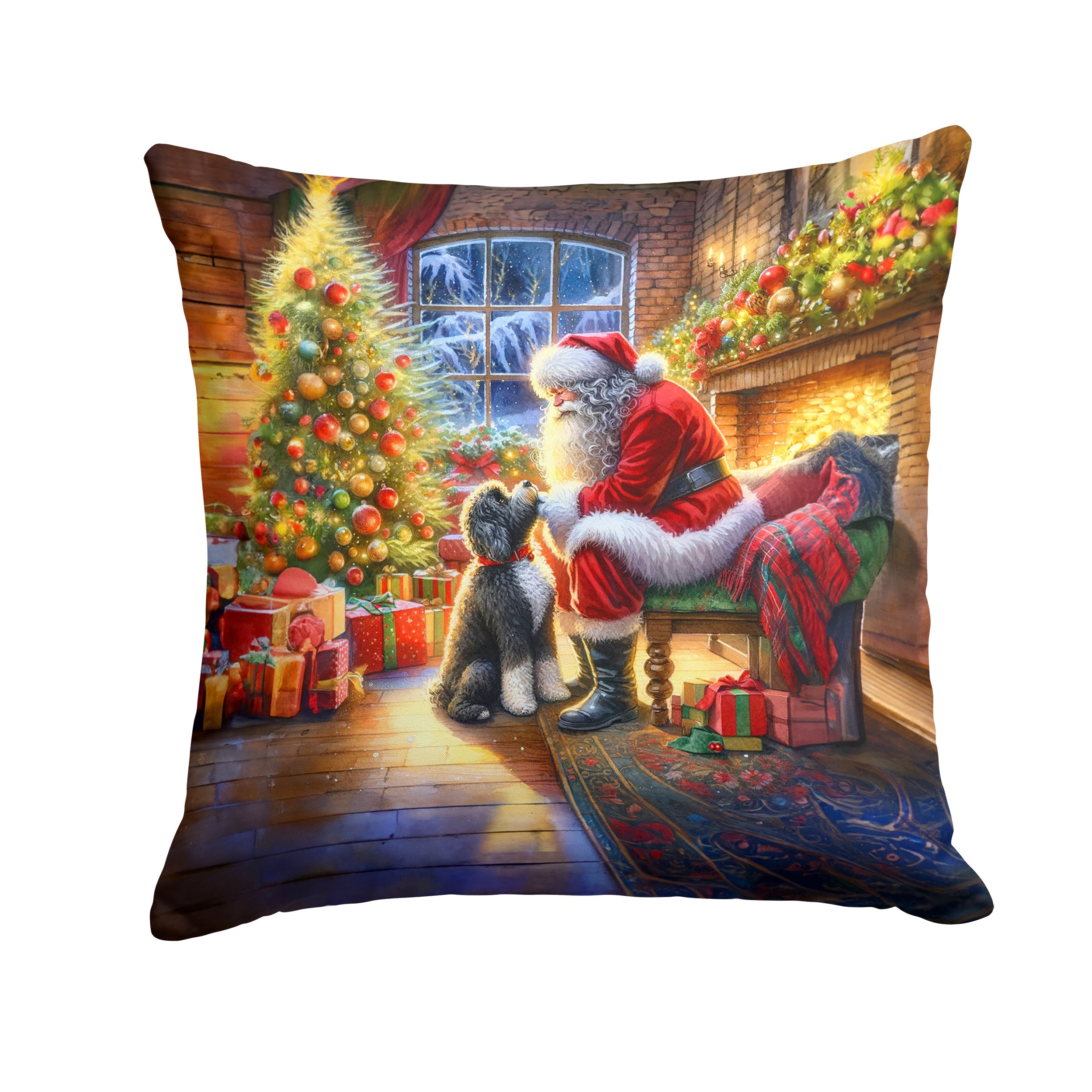 Portuguese Water Dog and Santa Claus Throw Pillow Machine Washable, Indoor Outdoor Decorative Pillow for Couch, Bed or Patio, 14Hx14W