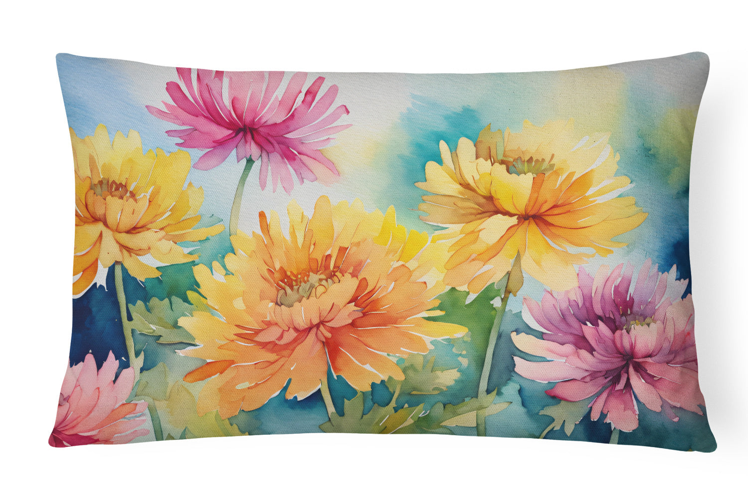 Flowers in Watercolor Throw Pillow Throw Pillow for Indoor Couch Bed Outdoor Patio Washable, Chrysanthemums 1550,12Hx16W