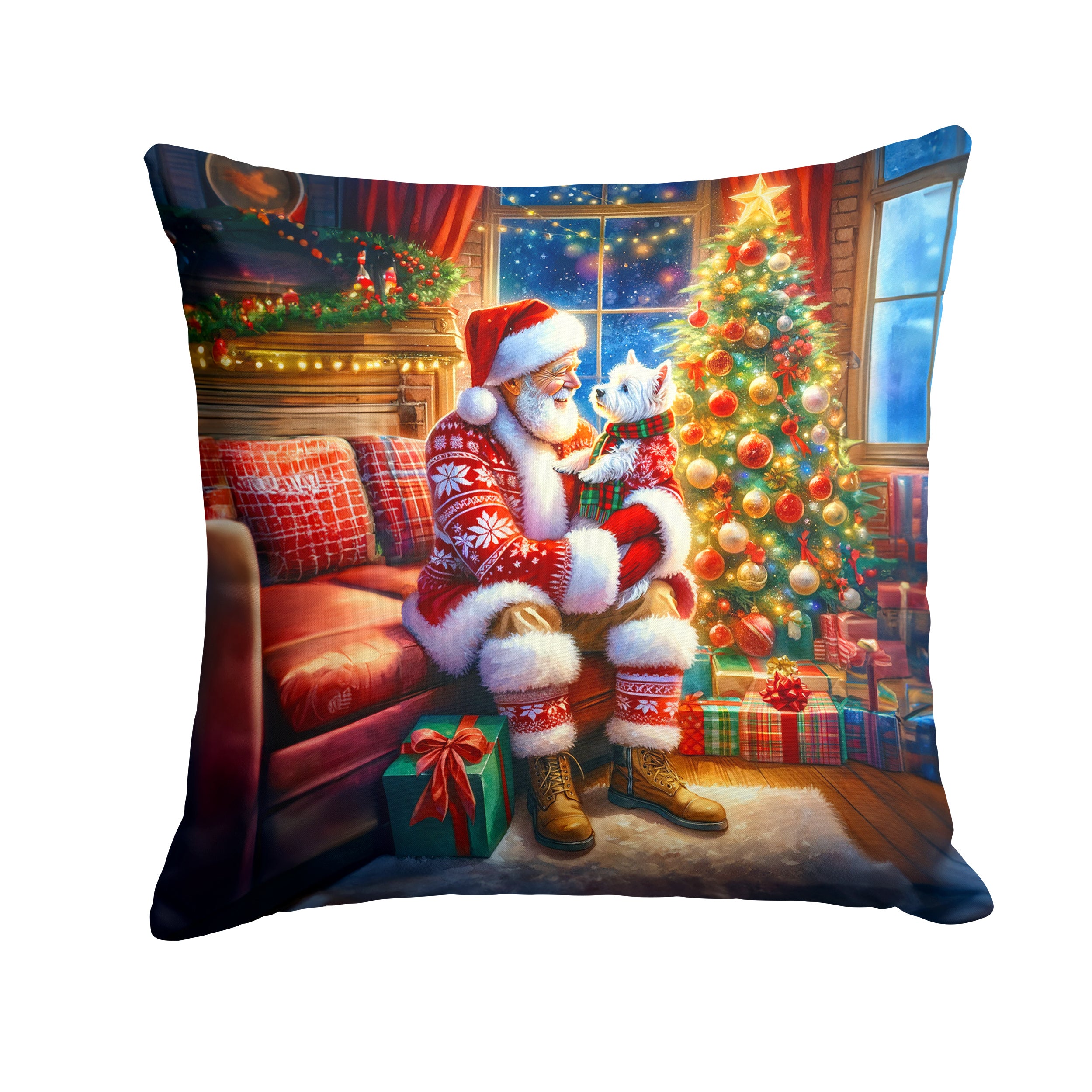 Westie and Santa Claus Throw Pillow Machine Washable, Indoor Outdoor Decorative Pillow for Couch, Bed or Patio, 14Hx14W