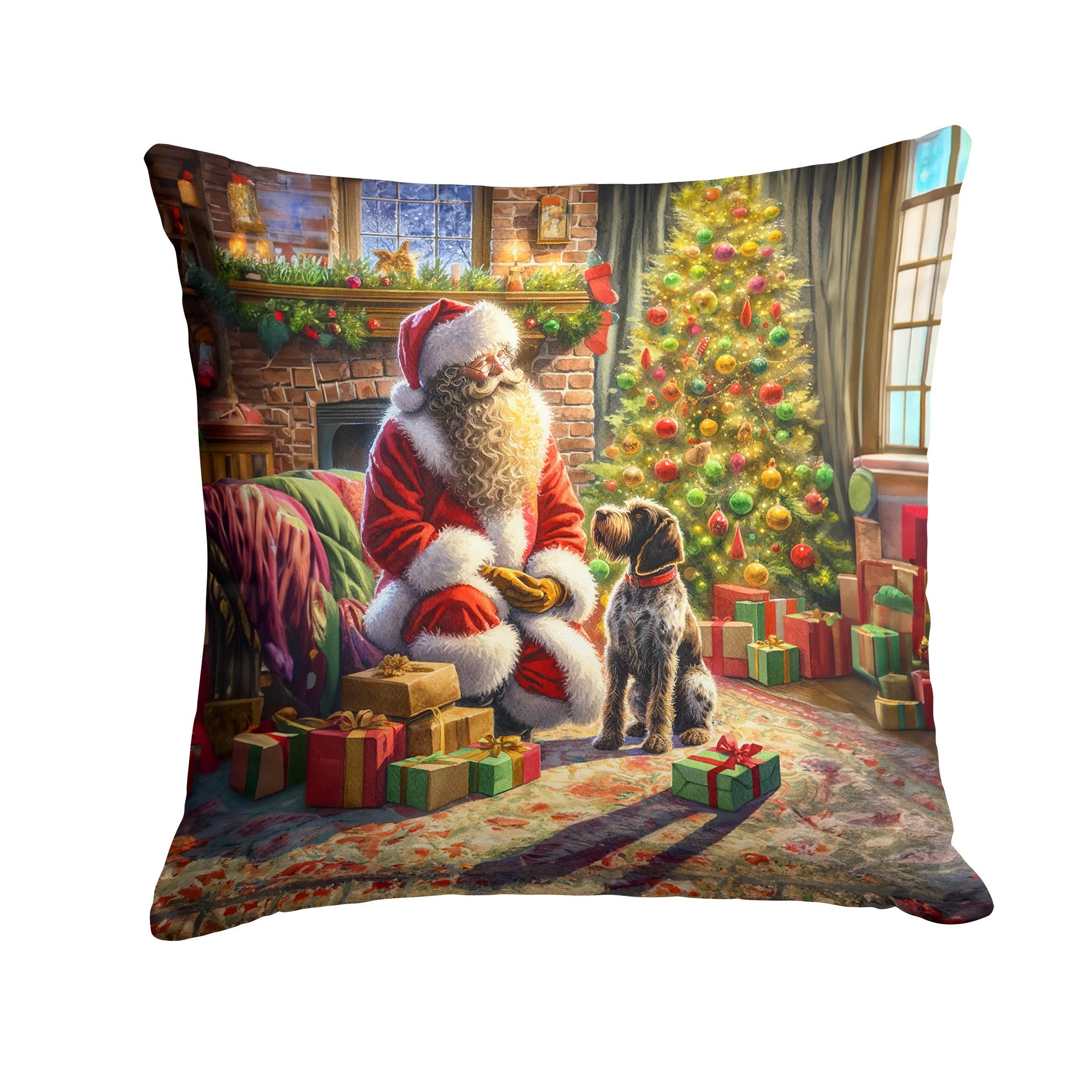 Wirehaired Pointing Griffon and Santa Claus Throw Pillow Machine Washable, Indoor Outdoor Decorative Pillow for Couch, Bed or Patio, 14Hx14W