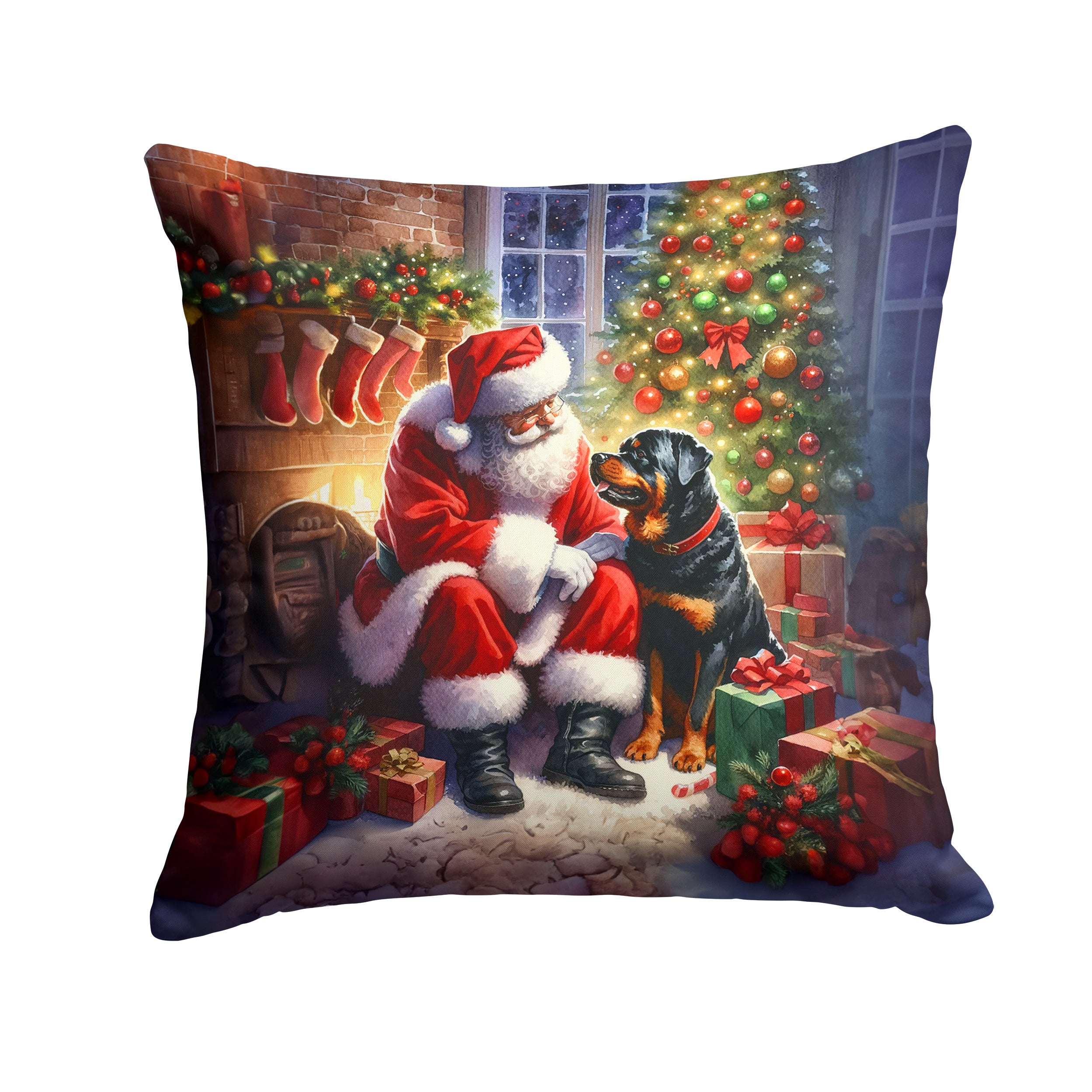 Rottweiler and Santa Claus Throw Pillow Machine Washable, Indoor Outdoor Decorative Pillow for Couch, Bed or Patio, 14Hx14W