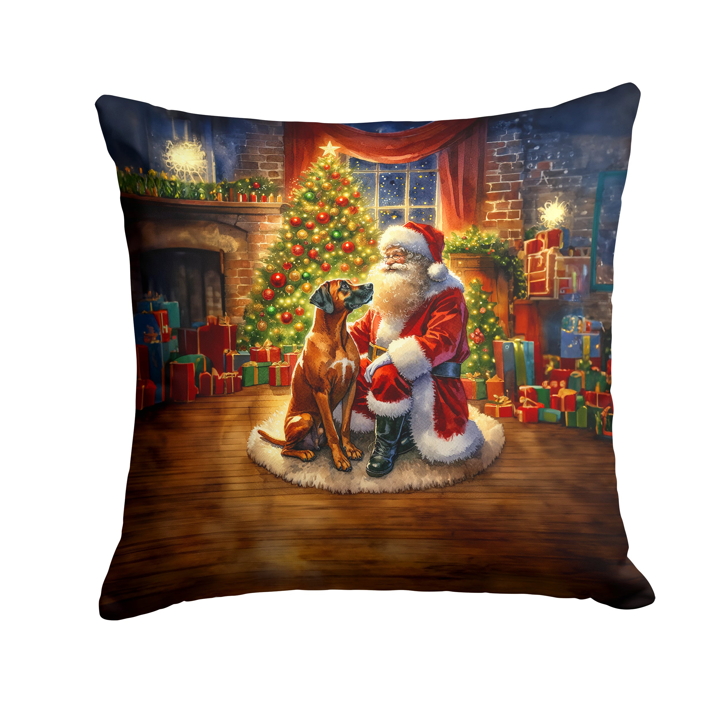 Rhodesian Ridgeback and Santa Claus Throw Pillow Machine Washable, Indoor Outdoor Decorative Pillow for Couch, Bed or Patio, 14Hx14W