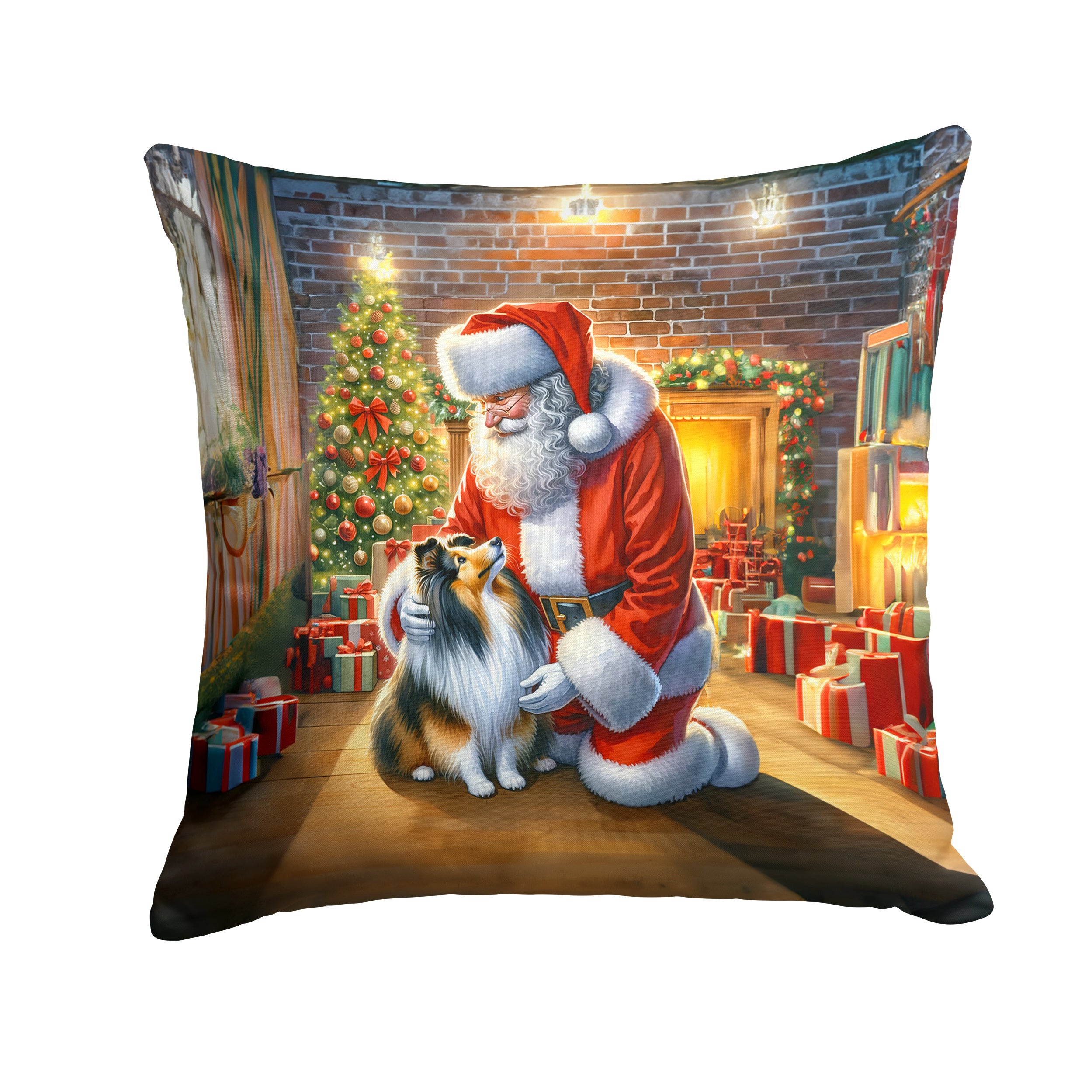 Sheltie and Santa Claus Throw Pillow Machine Washable, Indoor Outdoor Decorative Pillow for Couch, Bed or Patio, 14Hx14W