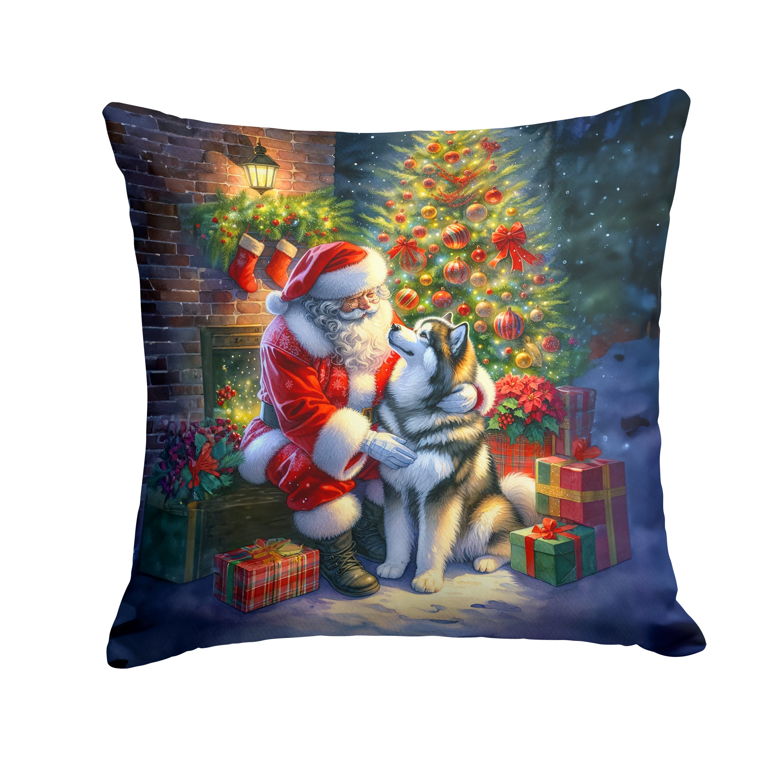 Alaskan Malamute and Santa Claus Throw Pillow Machine Washable, Indoor Outdoor Decorative Pillow for Couch, Bed or Patio, 14Hx14W