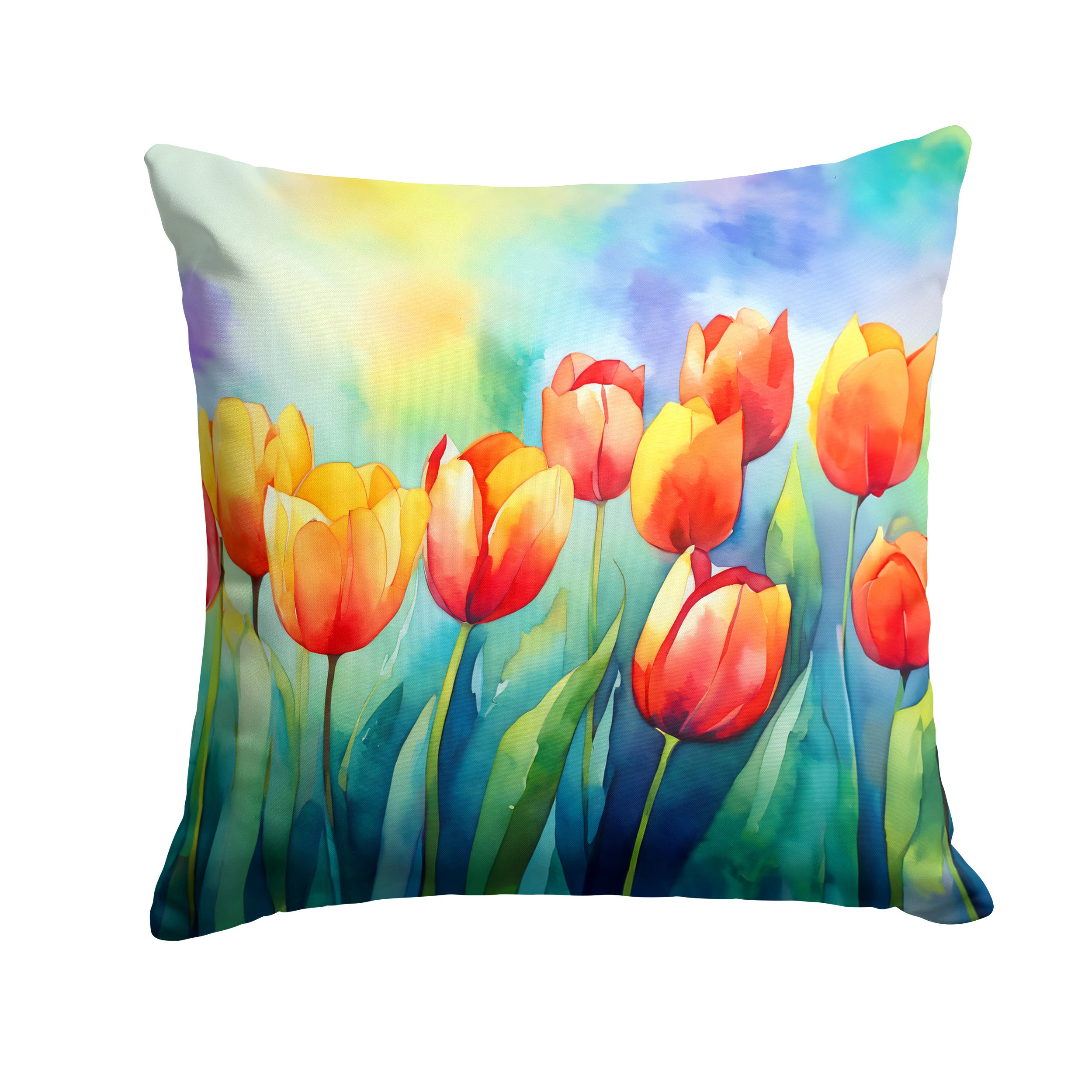 Tulips in Watercolor Throw Pillow Machine Washable, Indoor Outdoor Decorative Pillow for Couch, Bed or Patio, 14Hx14W