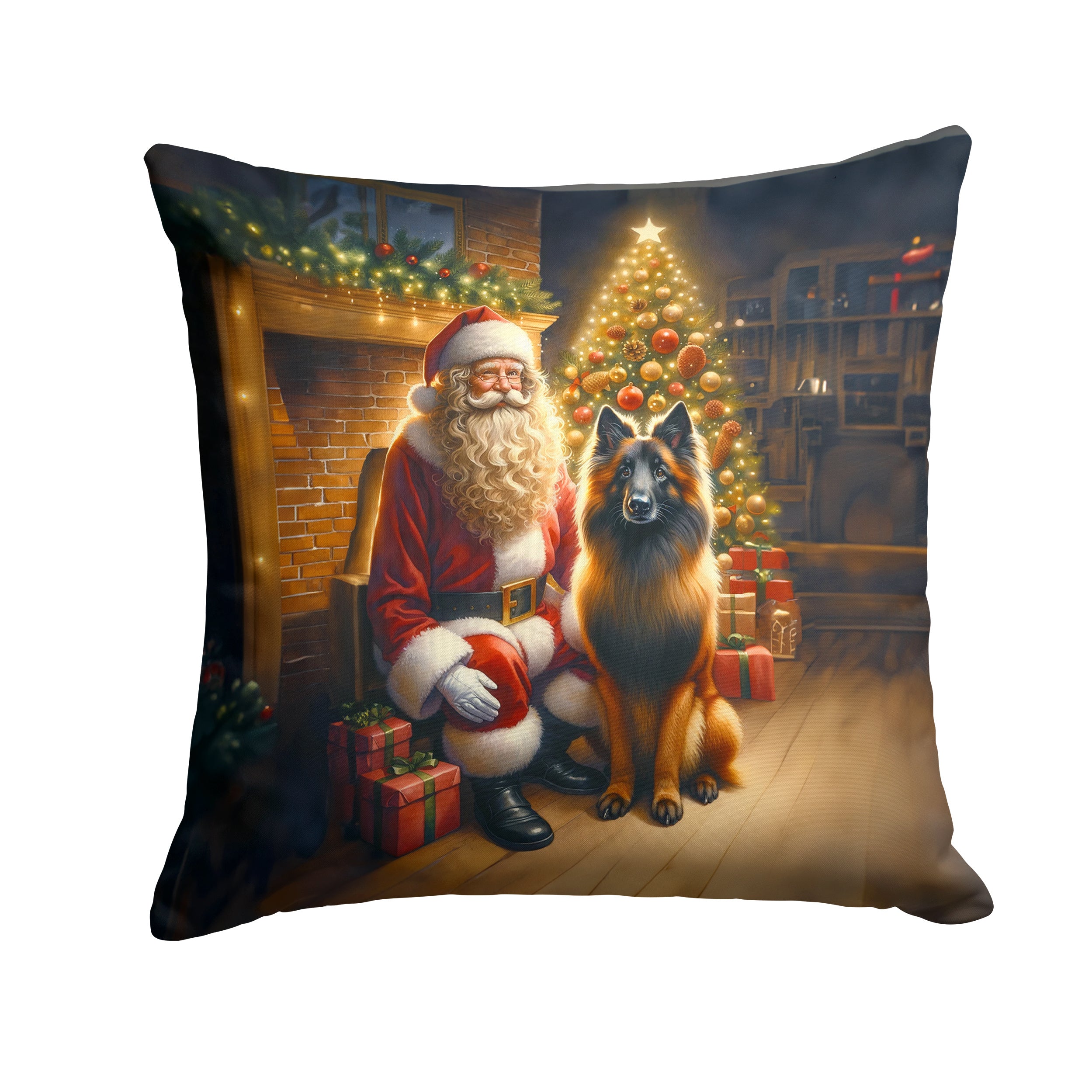 Belgian Tervuren and Santa Claus Throw Pillow Machine Washable, Indoor Outdoor Decorative Pillow for Couch, Bed or Patio, 14Hx14W