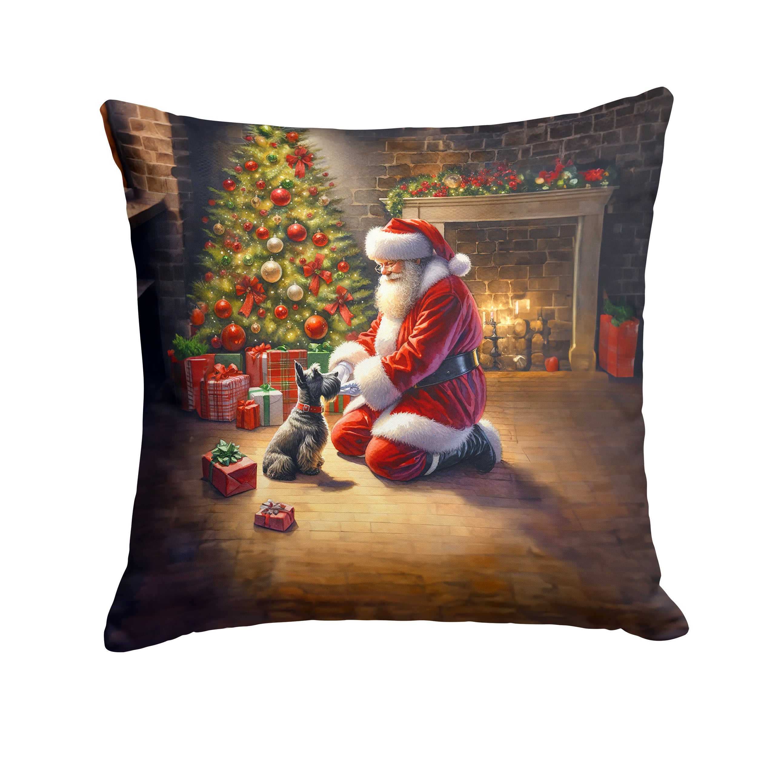 Scottish Terrier and Santa Claus Throw Pillow Machine Washable, Indoor Outdoor Decorative Pillow for Couch, Bed or Patio, 14Hx14W