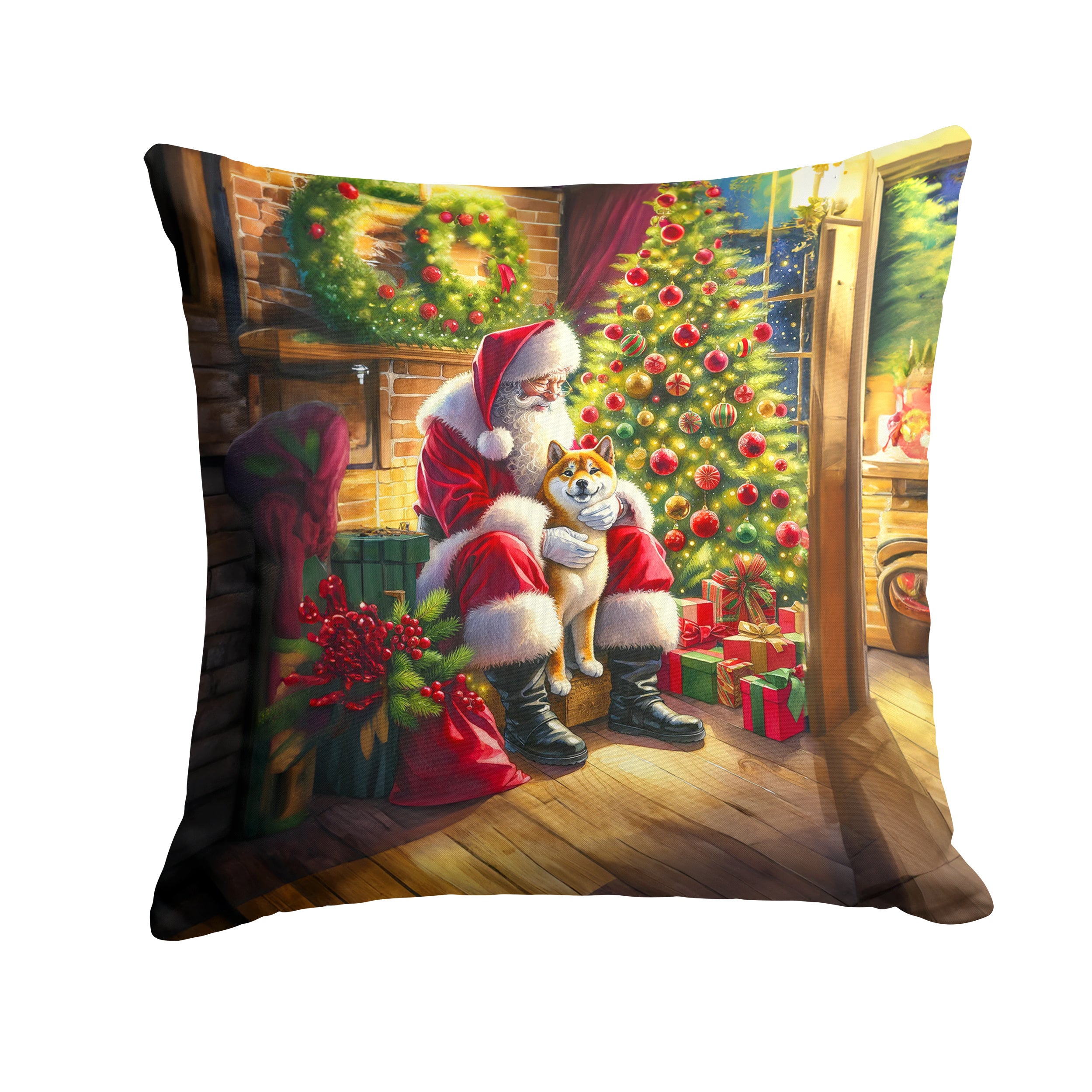 Shiba Inu and Santa Claus Throw Pillow Machine Washable, Indoor Outdoor Decorative Pillow for Couch, Bed or Patio, 14Hx14W