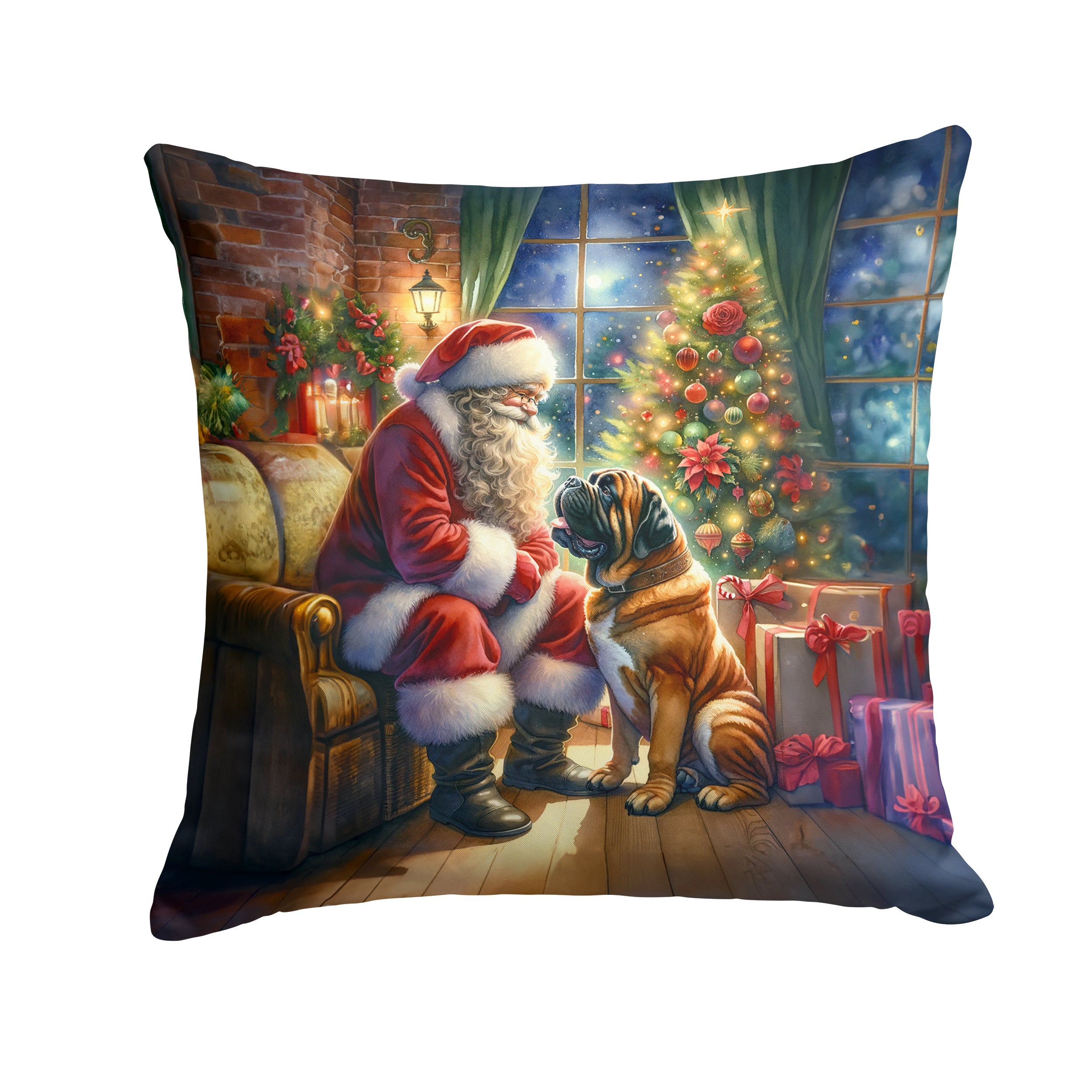 Bullmastiff and Santa Claus Throw Pillow Machine Washable, Indoor Outdoor Decorative Pillow for Couch, Bed or Patio, 14Hx14W