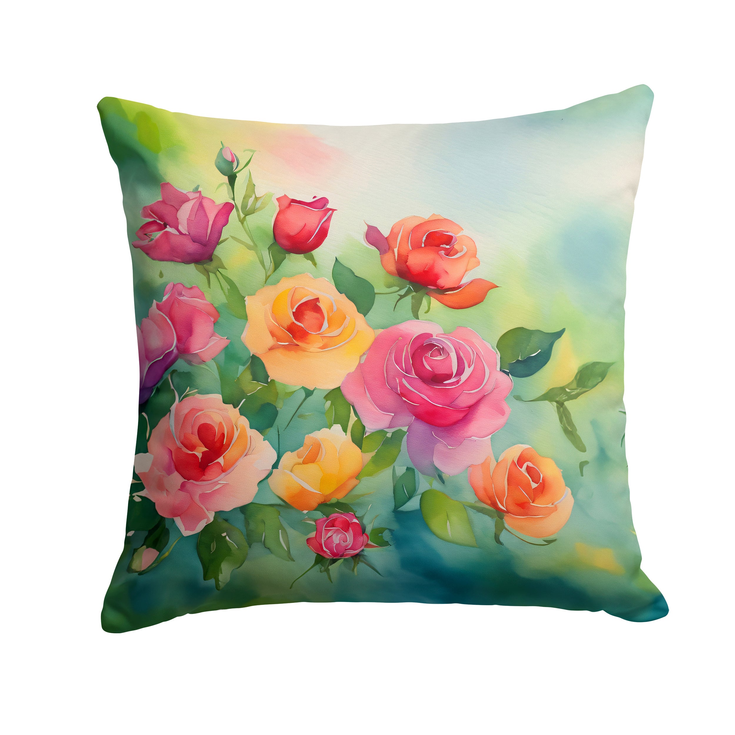 Roses in Watercolor Throw Pillow Machine Washable, Indoor Outdoor Decorative Pillow for Couch, Bed or Patio, 14Hx14W