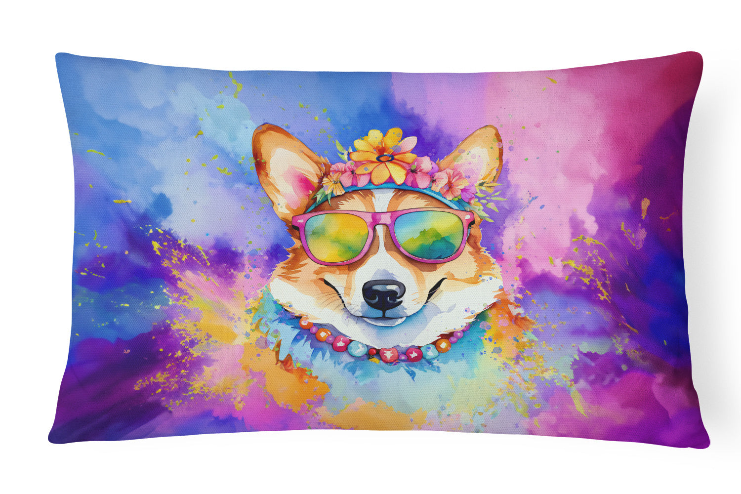 Hippie Dawg Throw Pillow Throw Pillow for Indoor Couch Bed Outdoor Patio Washable, Corgi 2497,12Hx16W