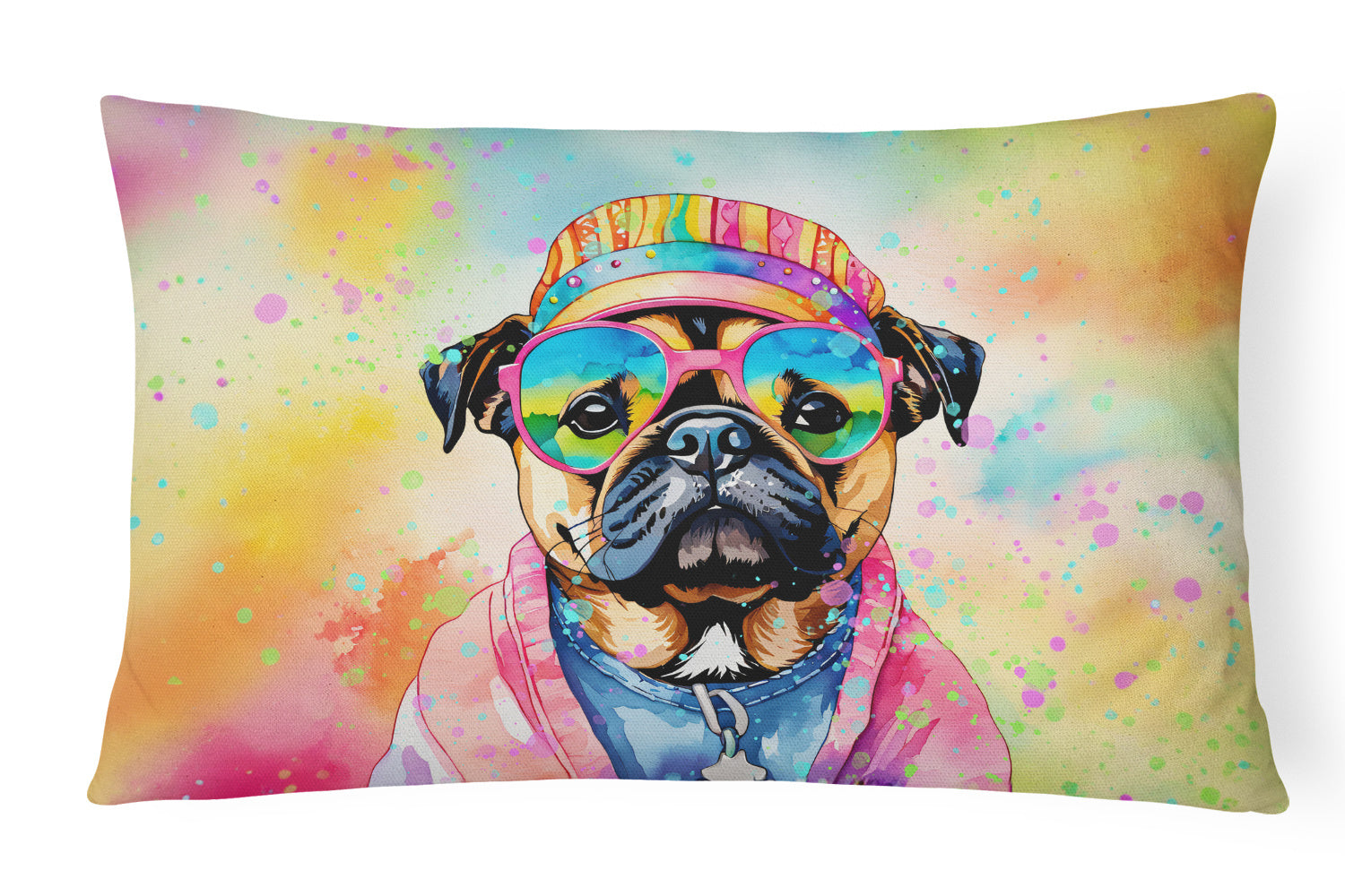 Hippie Dawg Throw Pillow Throw Pillow for Indoor Couch Bed Outdoor Patio Washable, Pug 2544,12Hx16W