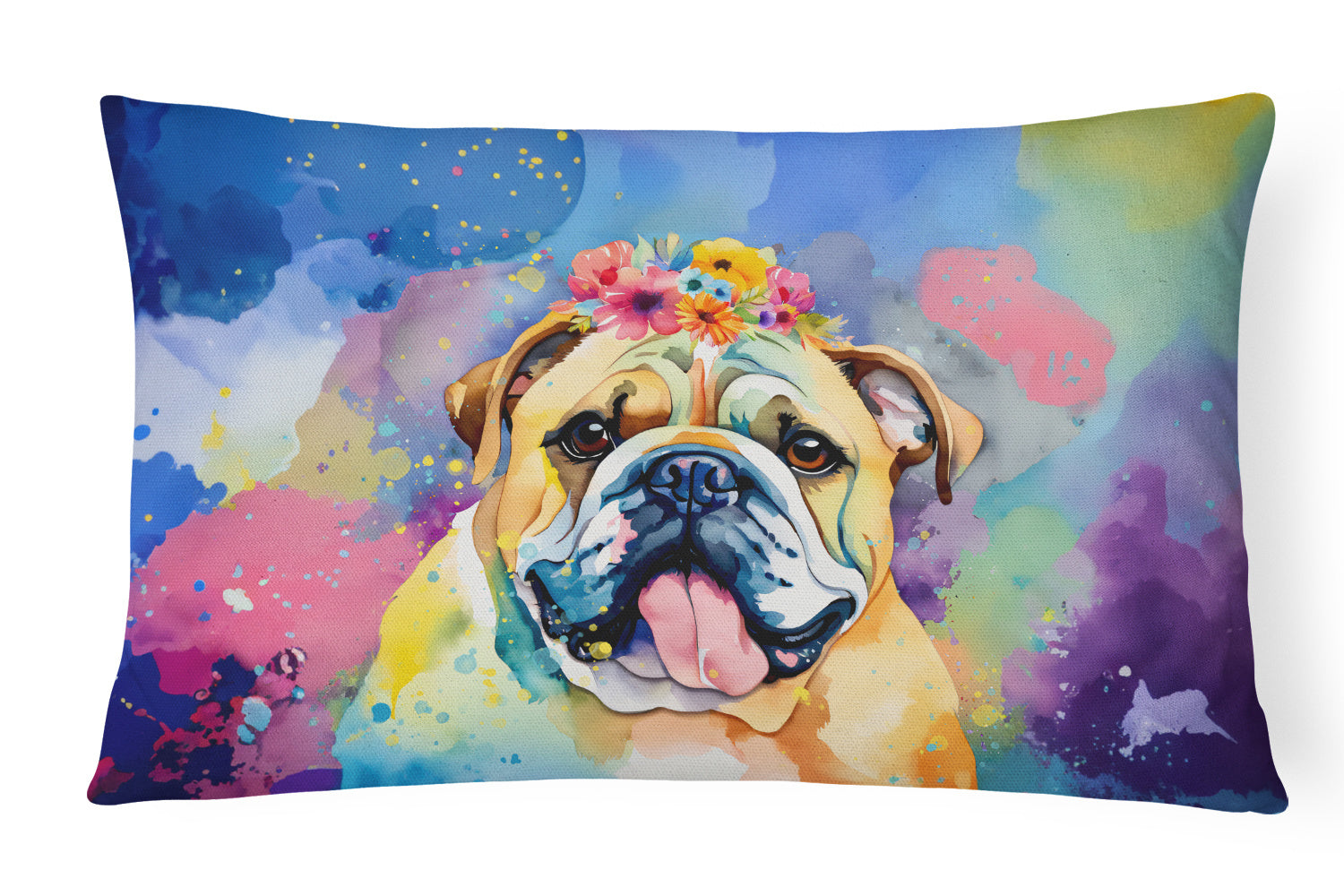 Hippie Dawg Throw Pillow Throw Pillow for Indoor Couch Bed Outdoor Patio Washable, English Bulldog 2476,12Hx16W