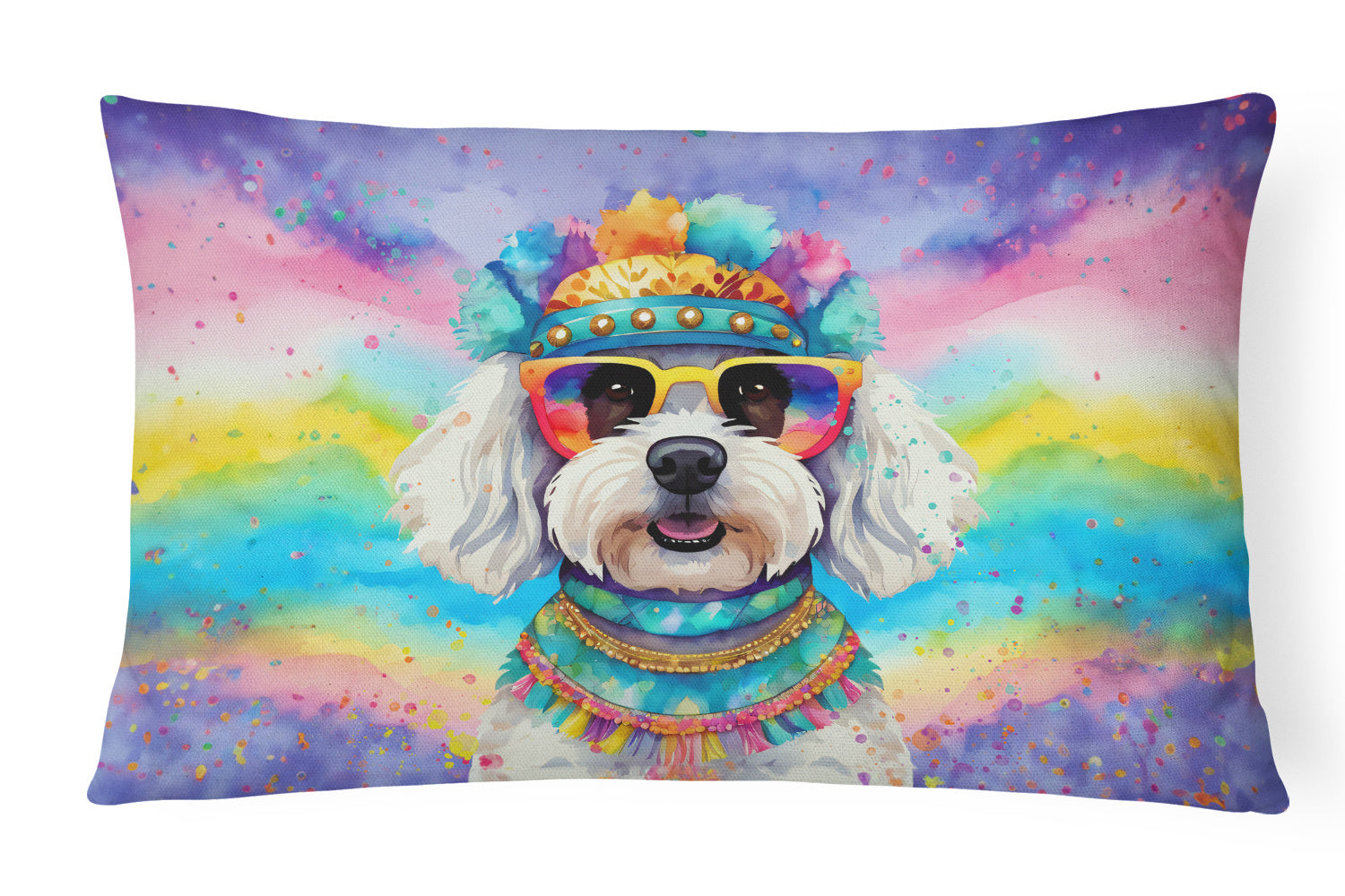 Hippie Dawg Throw Pillow Throw Pillow for Indoor Couch Bed Outdoor Patio Washable, Bichon Frise 2464,12Hx16W