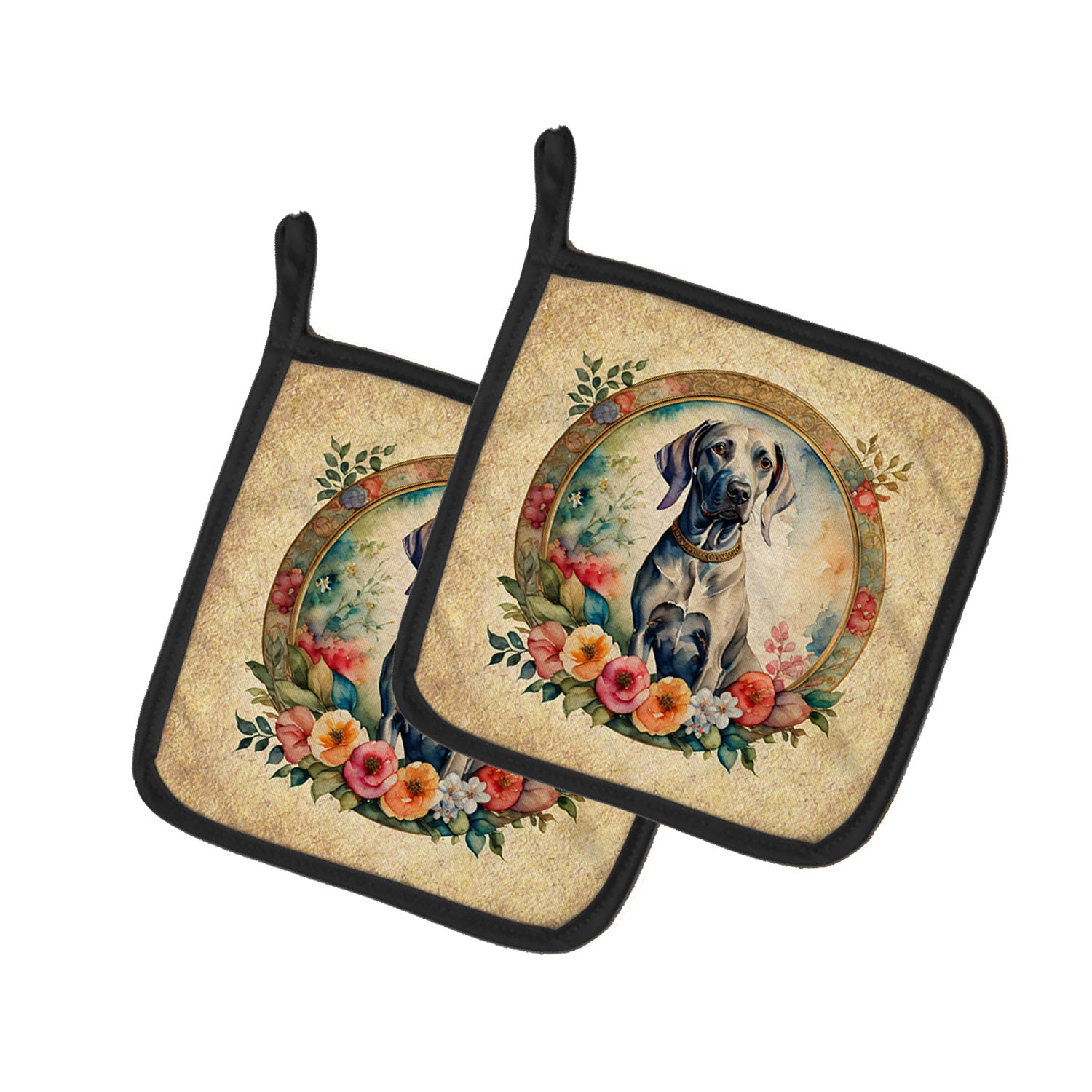 Weimaraner and Flowers Pair of Pot Holders Kitchen Heat Resistant Pot Holders Sets Oven Hot Pads for Cooking Baking BBQ, 7 1/2 x 7 1/2