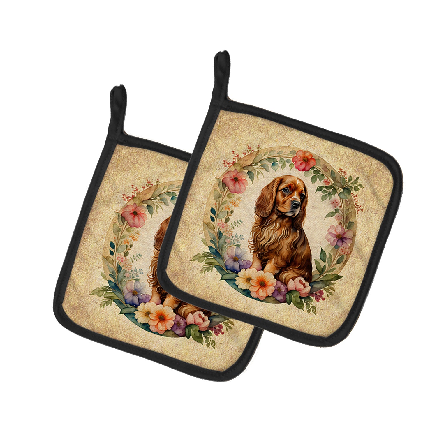 Sussex Spaniel and Flowers Pair of Pot Holders Kitchen Heat Resistant Pot Holders Sets Oven Hot Pads for Cooking Baking BBQ, 7 1/2 x 7 1/2