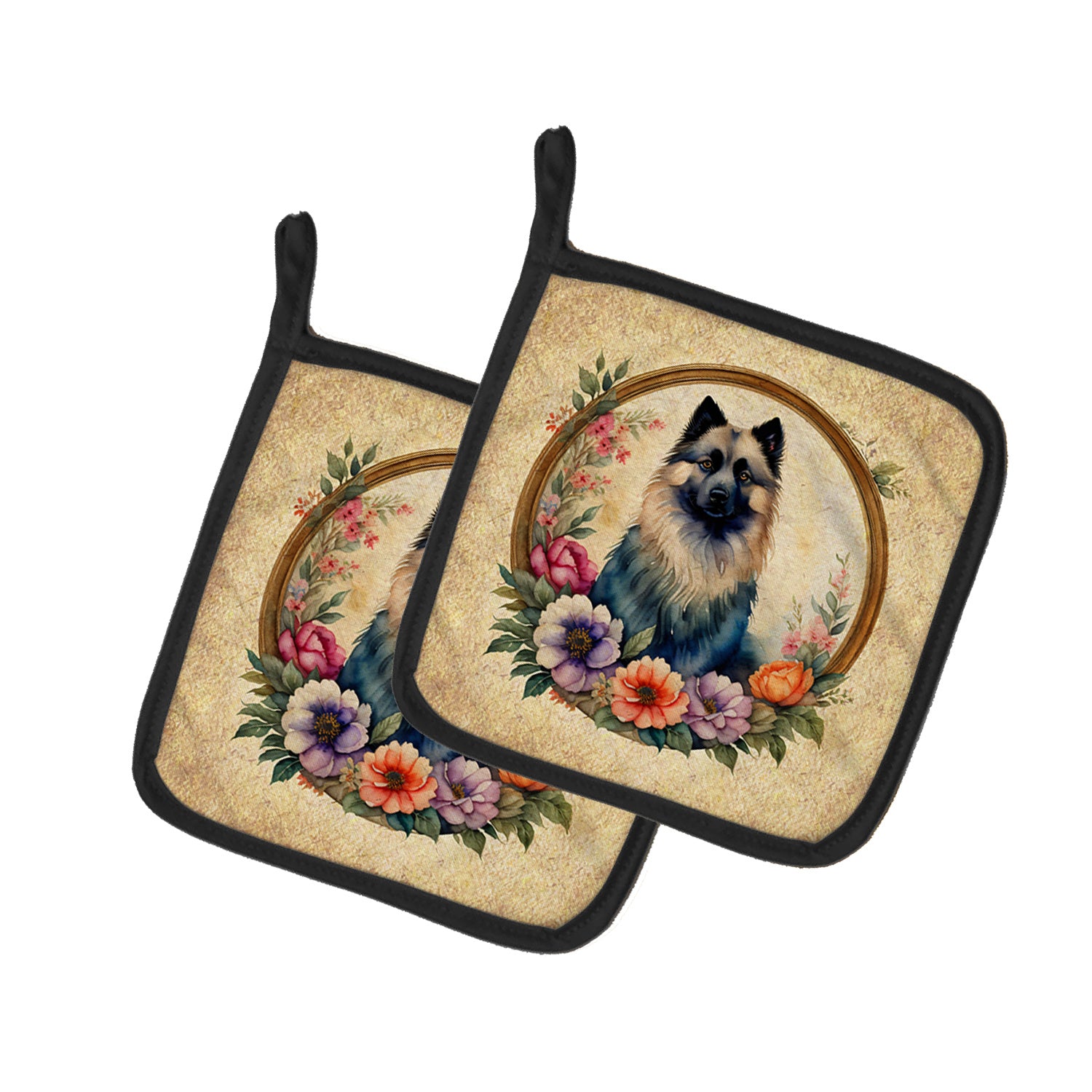 Keeshond and Flowers Pair of Pot Holders Kitchen Heat Resistant Pot Holders Sets Oven Hot Pads for Cooking Baking BBQ, 7 1/2 x 7 1/2