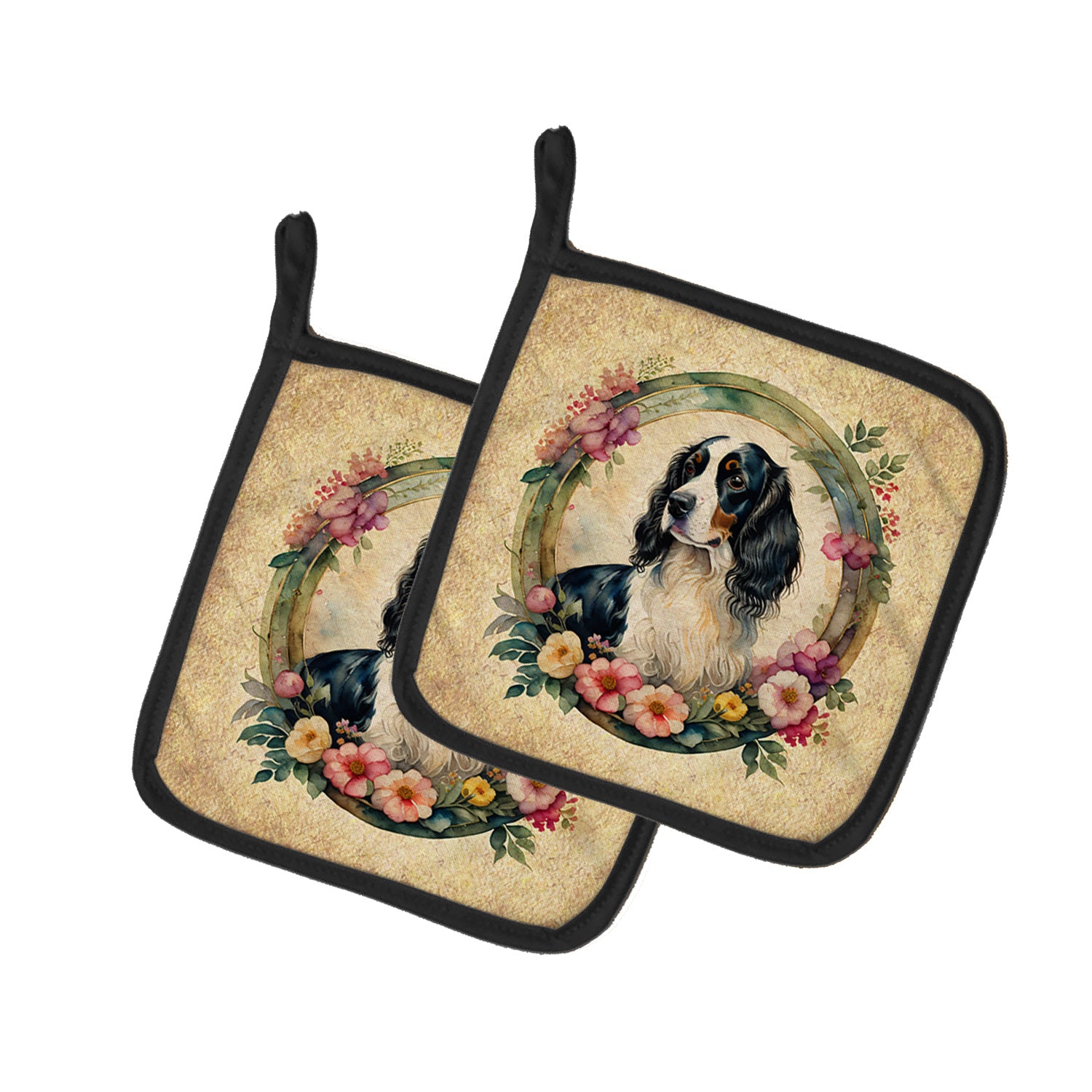 English Springer Spaniel and Flowers Pair of Pot Holders Kitchen Heat Resistant Pot Holders Sets Oven Hot Pads for Cooking Baking BBQ, 7 1/2 x 7 1/2