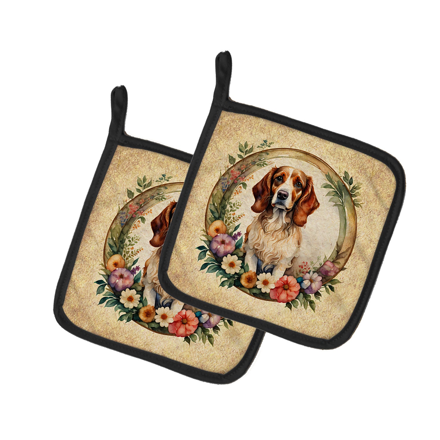 Brittany Spaniel and Flowers Pair of Pot Holders Kitchen Heat Resistant Pot Holders Sets Oven Hot Pads for Cooking Baking BBQ, 7 1/2 x 7 1/2