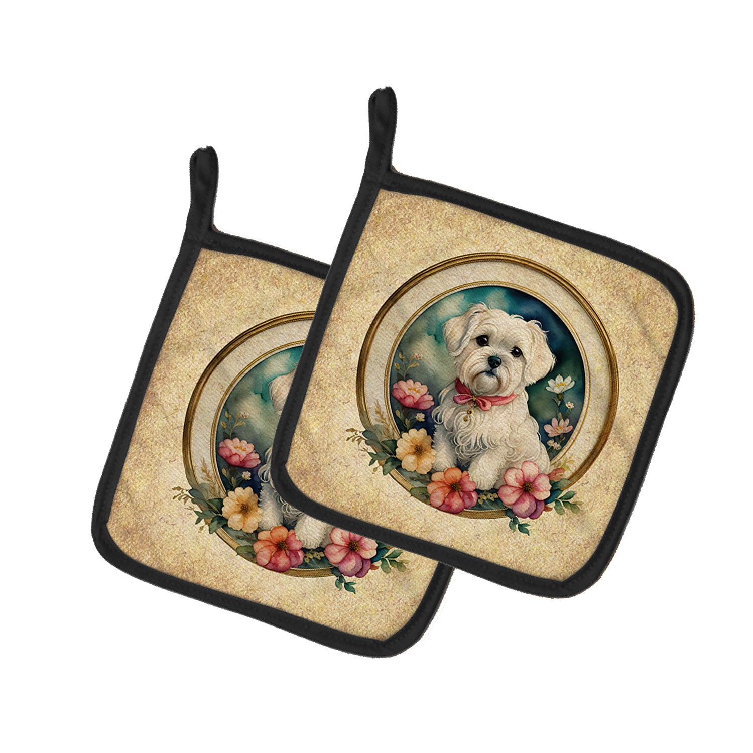 Maltese and Flowers Pair of Pot Holders Kitchen Heat Resistant Pot Holders Sets Oven Hot Pads for Cooking Baking BBQ, 7 1/2 x 7 1/2