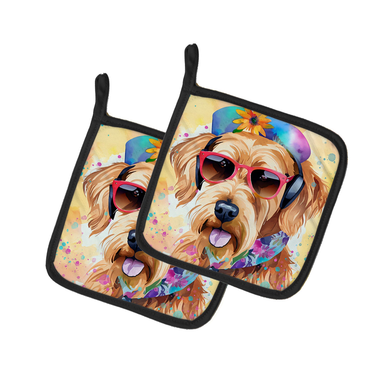 Airedale Terrier Hippie Dawg Pair of Pot Holders Kitchen Heat Resistant Pot Holders Sets Oven Hot Pads for Cooking Baking BBQ, 7 1/2 x 7 1/2