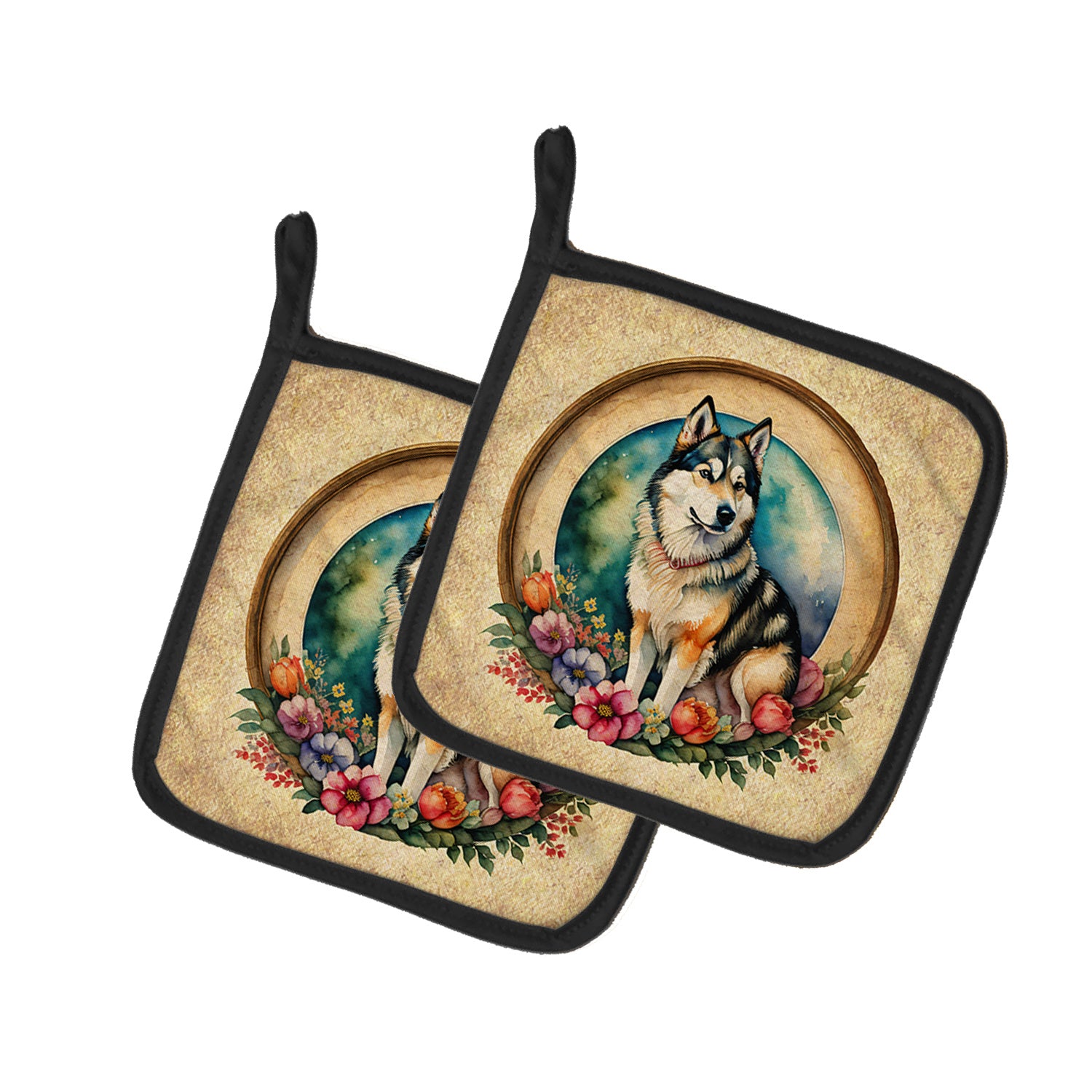 Alaskan Malamute and Flowers Pair of Pot Holders Kitchen Heat Resistant Pot Holders Sets Oven Hot Pads for Cooking Baking BBQ, 7 1/2 x 7 1/2