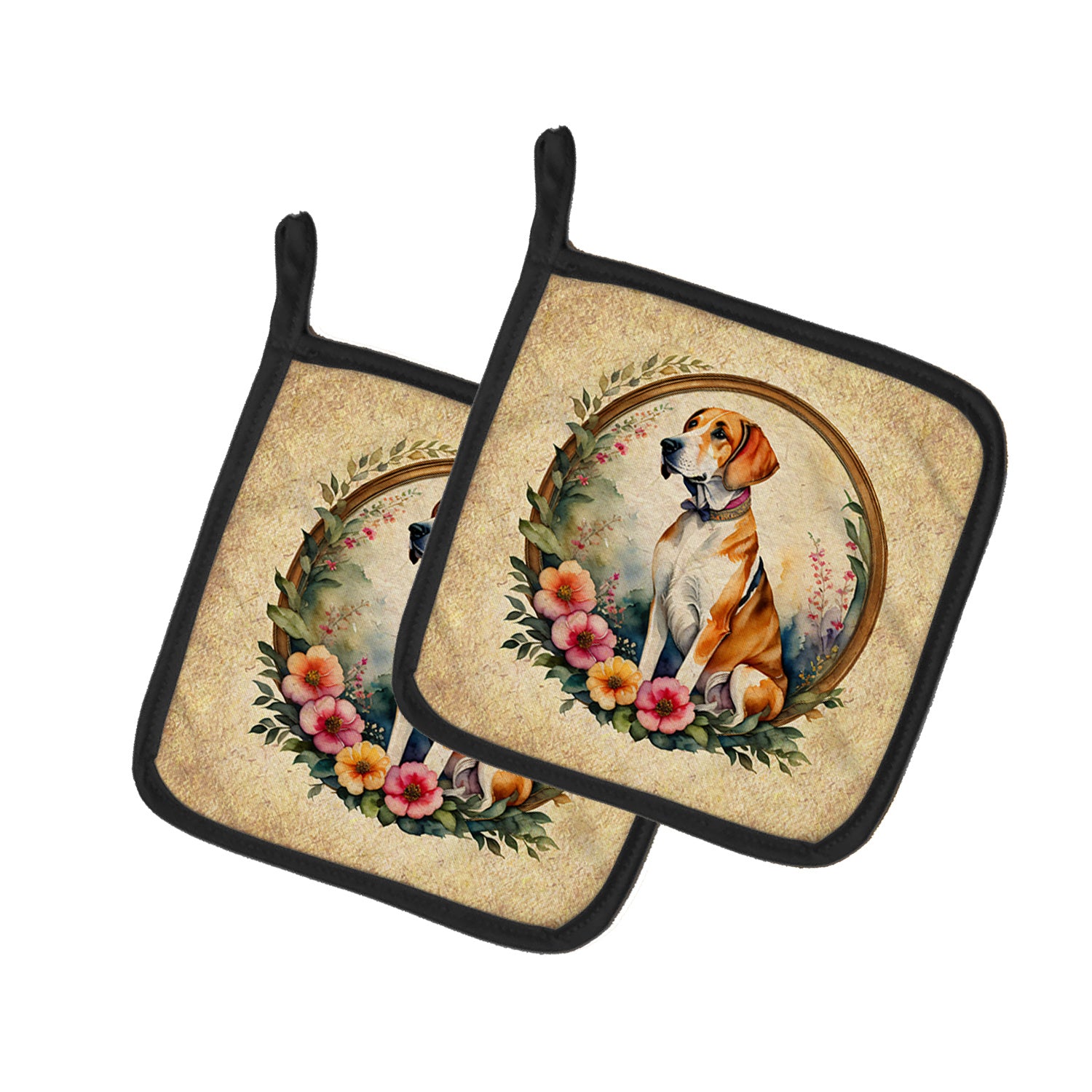 English Foxhound and Flowers Pair of Pot Holders Kitchen Heat Resistant Pot Holders Sets Oven Hot Pads for Cooking Baking BBQ, 7 1/2 x 7 1/2