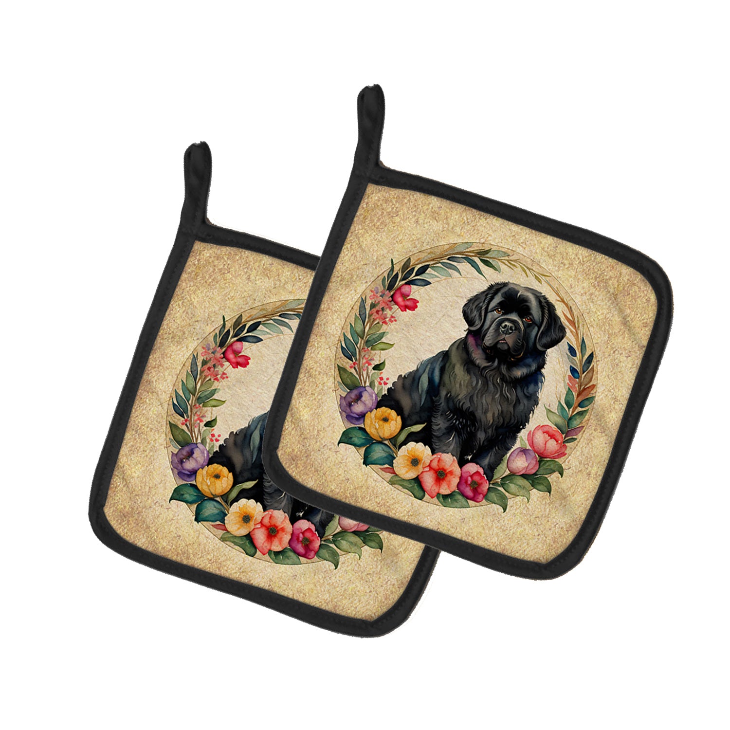 Newfoundland and Flowers Pair of Pot Holders Kitchen Heat Resistant Pot Holders Sets Oven Hot Pads for Cooking Baking BBQ, 7 1/2 x 7 1/2