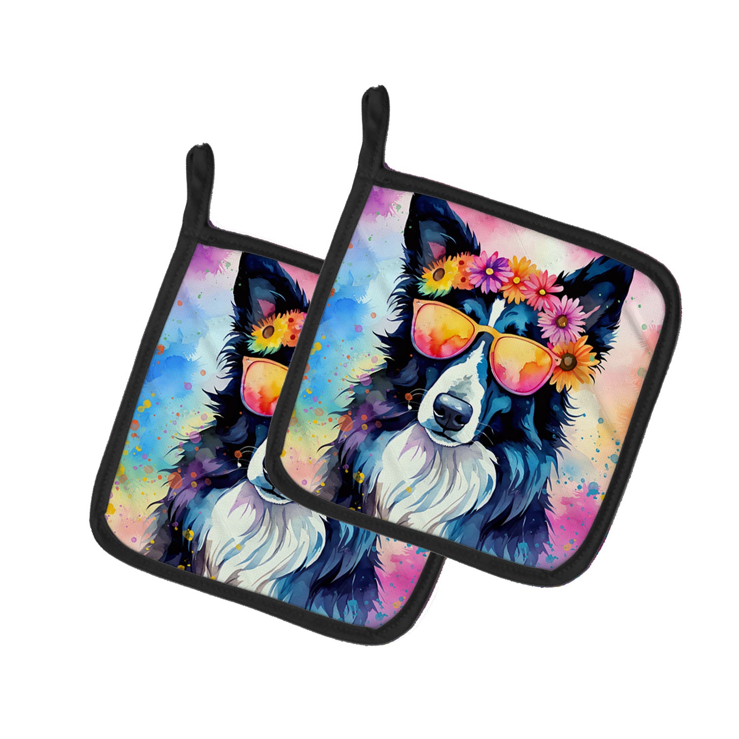 Border Collie Hippie Dawg Pair of Pot Holders Kitchen Heat Resistant Pot Holders Sets Oven Hot Pads for Cooking Baking BBQ, 7 1/2 x 7 1/2