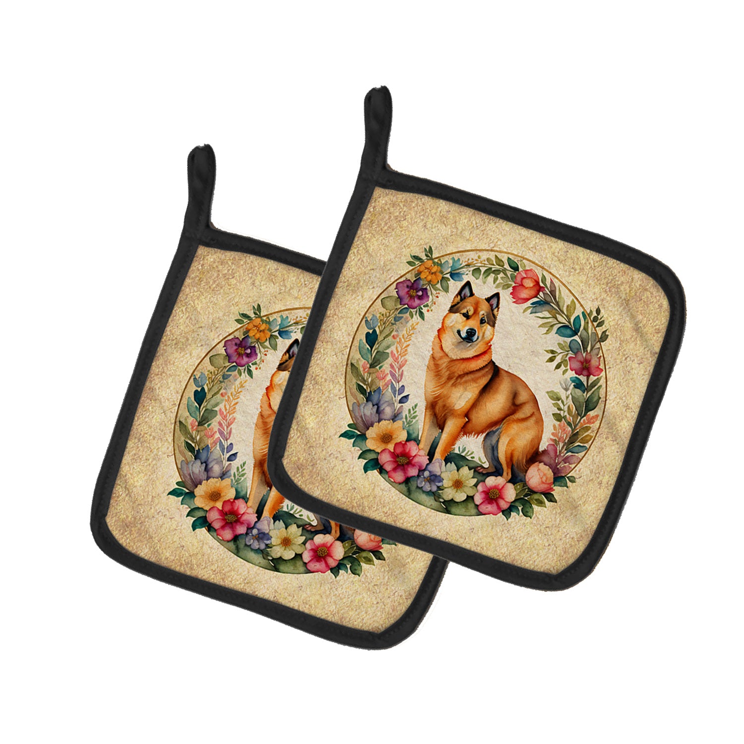 Finnish Spitz and Flowers Pair of Pot Holders Kitchen Heat Resistant Pot Holders Sets Oven Hot Pads for Cooking Baking BBQ, 7 1/2 x 7 1/2