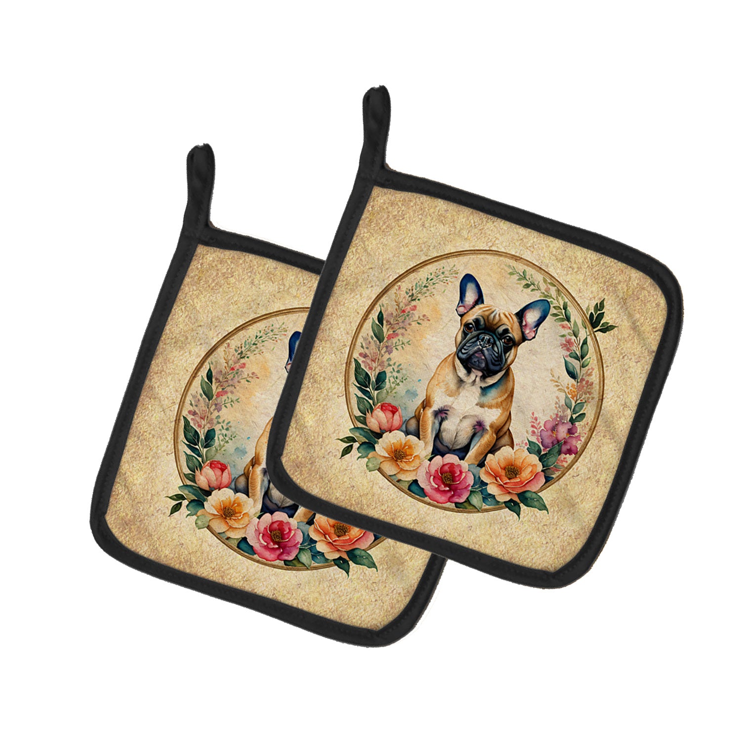 Fawn French Bulldog and Flowers Pair of Pot Holders Kitchen Heat Resistant Pot Holders Sets Oven Hot Pads for Cooking Baking BBQ, 7 1/2 x 7 1/2