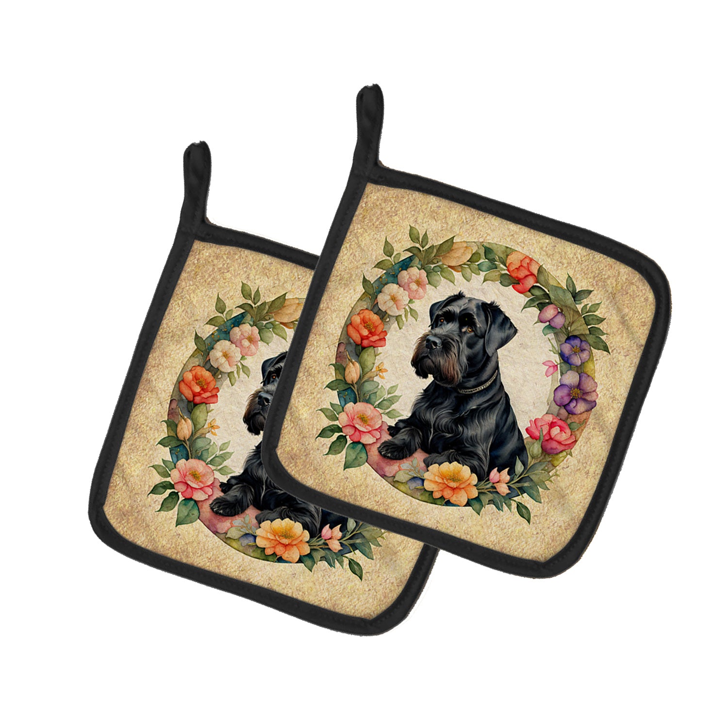 Giant Schnauzer and Flowers Pair of Pot Holders Kitchen Heat Resistant Pot Holders Sets Oven Hot Pads for Cooking Baking BBQ, 7 1/2 x 7 1/2