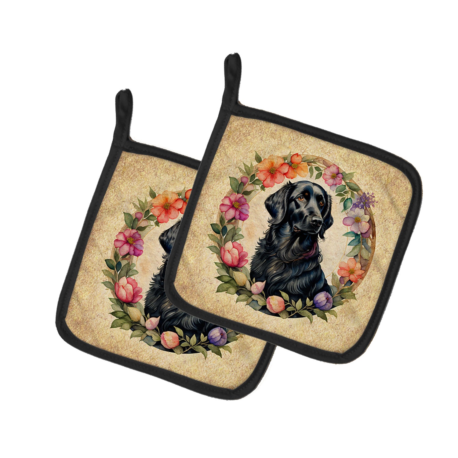 Flat-Coated Retriever and Flowers Pair of Pot Holders Kitchen Heat Resistant Pot Holders Sets Oven Hot Pads for Cooking Baking BBQ, 7 1/2 x 7 1/2