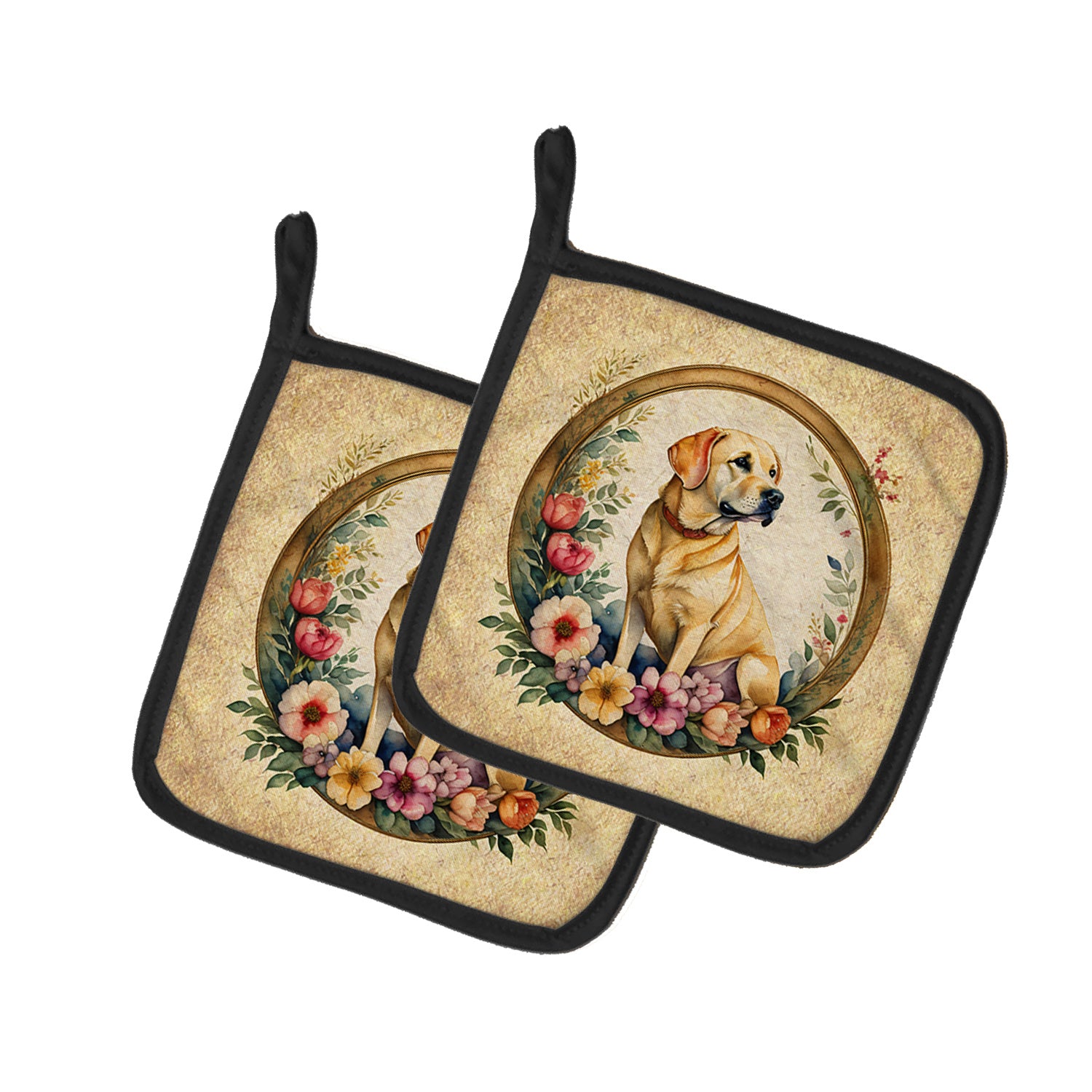 Yellow Labrador Retriever and Flowers Pair of Pot Holders Kitchen Heat Resistant Pot Holders Sets Oven Hot Pads for Cooking Baking BBQ, 7 1/2 x 7 1/2