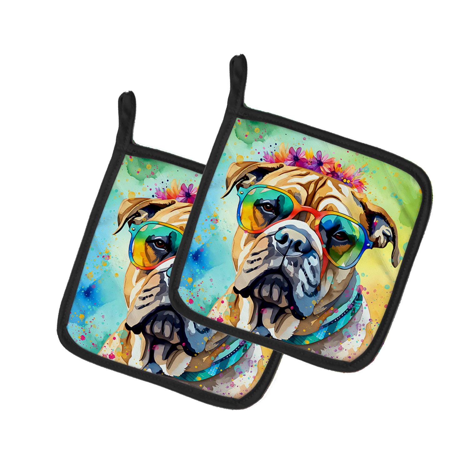 Bullmastiff Hippie Dawg Pair of Pot Holders Kitchen Heat Resistant Pot Holders Sets Oven Hot Pads for Cooking Baking BBQ, 7 1/2 x 7 1/2