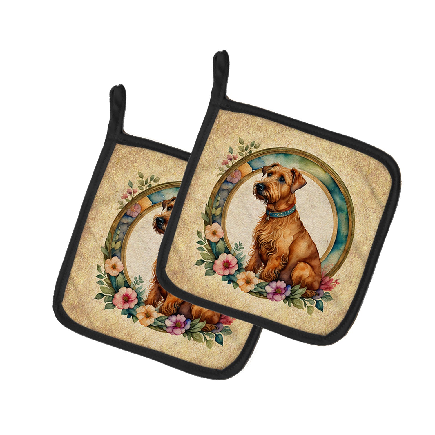 Irish Terrier and Flowers Pair of Pot Holders Kitchen Heat Resistant Pot Holders Sets Oven Hot Pads for Cooking Baking BBQ, 7 1/2 x 7 1/2