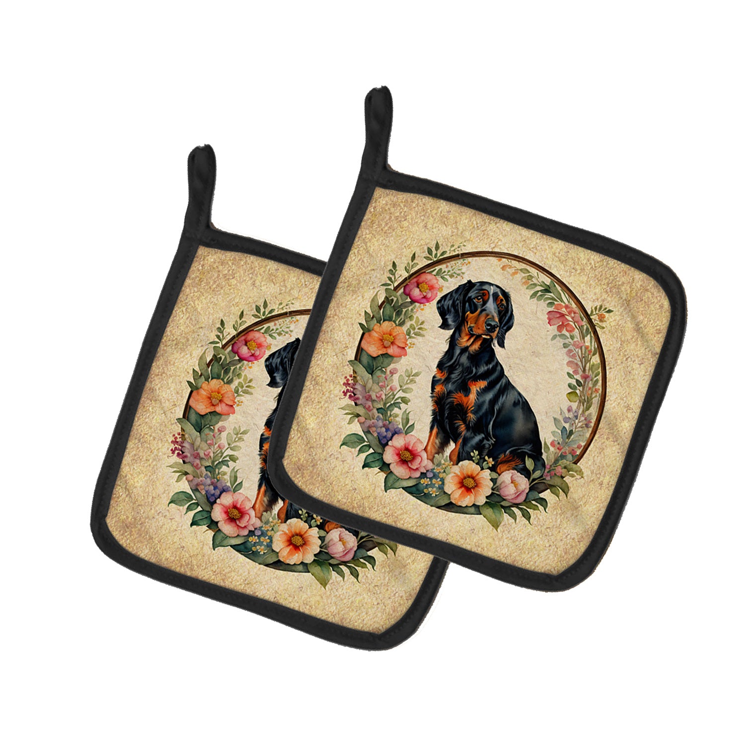 Gordon Setter and Flowers Pair of Pot Holders Kitchen Heat Resistant Pot Holders Sets Oven Hot Pads for Cooking Baking BBQ, 7 1/2 x 7 1/2