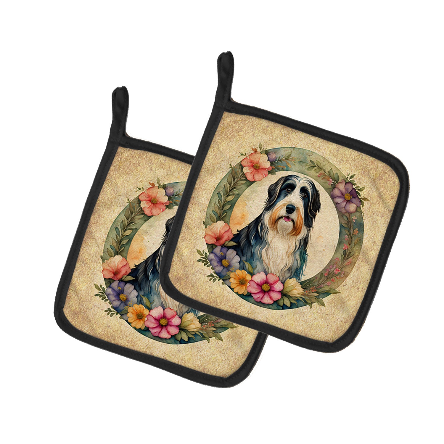 Bearded Collie and Flowers Pair of Pot Holders Kitchen Heat Resistant Pot Holders Sets Oven Hot Pads for Cooking Baking BBQ, 7 1/2 x 7 1/2