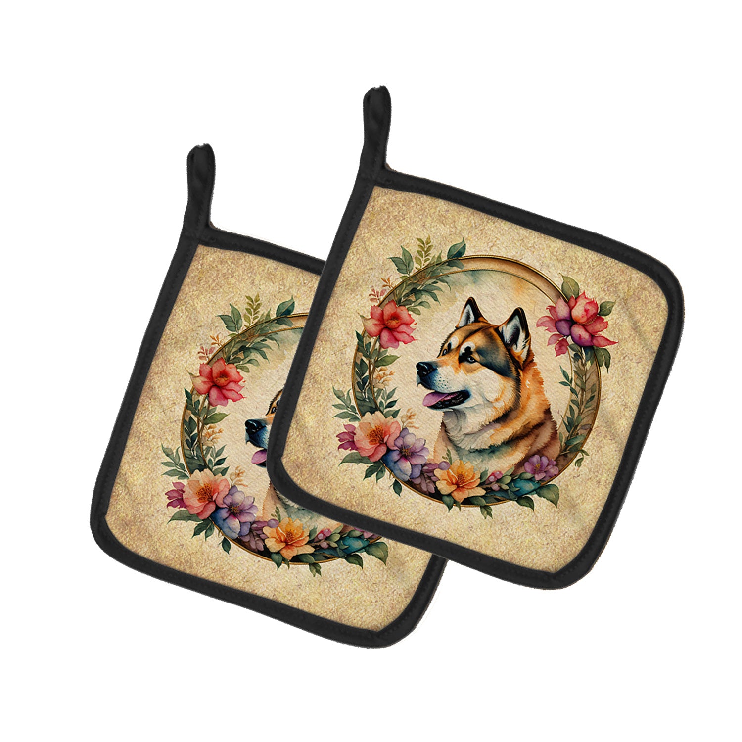 Akita and Flowers Pair of Pot Holders Kitchen Heat Resistant Pot Holders Sets Oven Hot Pads for Cooking Baking BBQ, 7 1/2 x 7 1/2