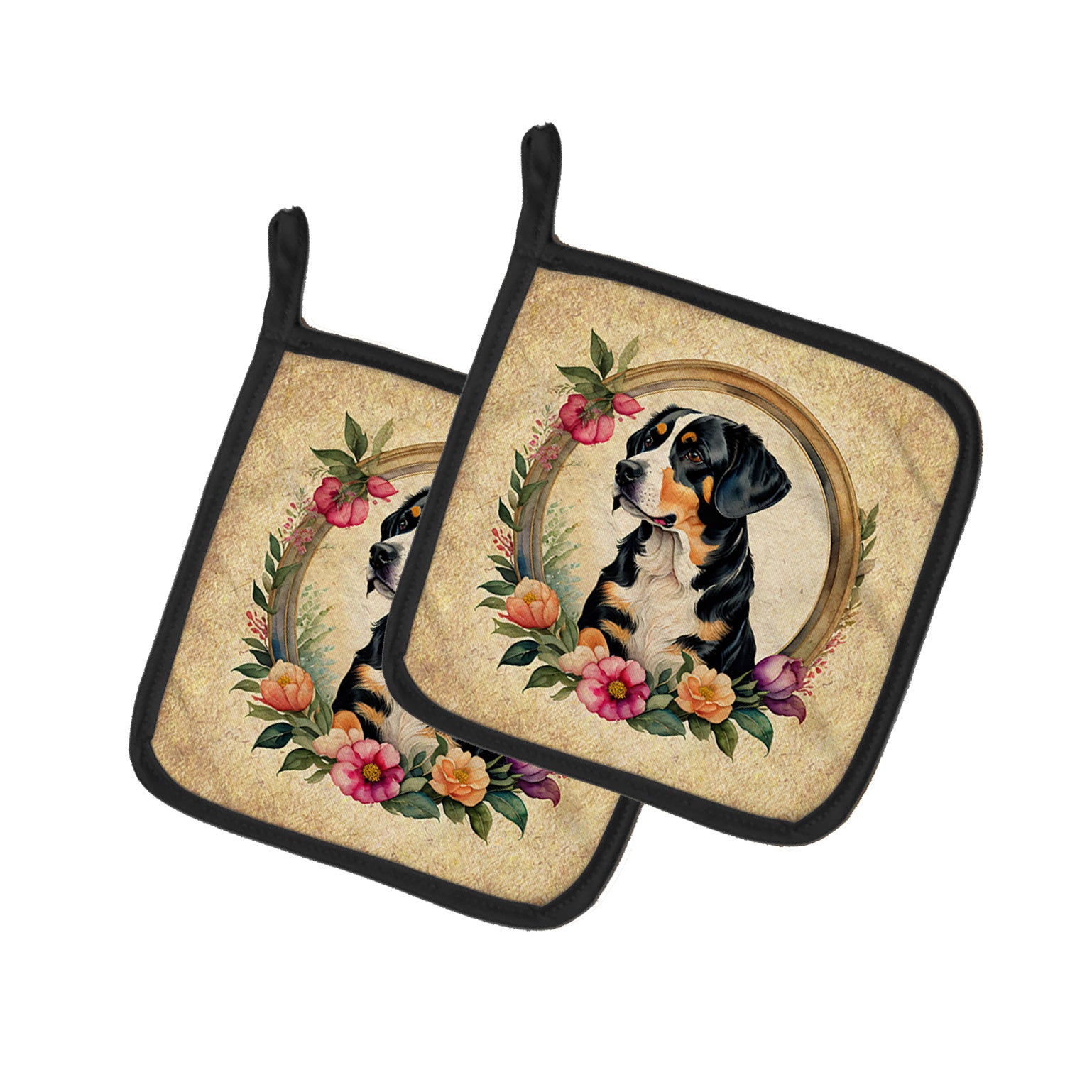 Entlebucher Mountain Dog and Flowers Pair of Pot Holders Kitchen Heat Resistant Pot Holders Sets Oven Hot Pads for Cooking Baking BBQ, 7 1/2 x 7 1/2