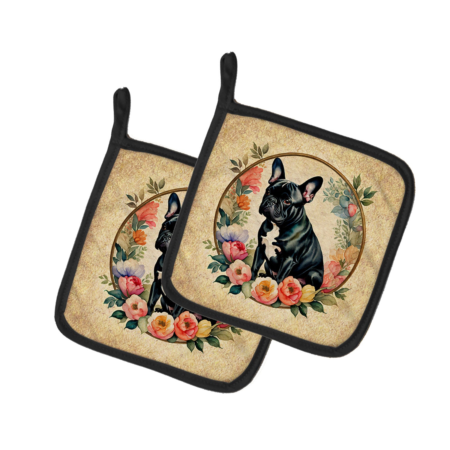 Black French Bulldog and Flowers Pair of Pot Holders Kitchen Heat Resistant Pot Holders Sets Oven Hot Pads for Cooking Baking BBQ, 7 1/2 x 7 1/2