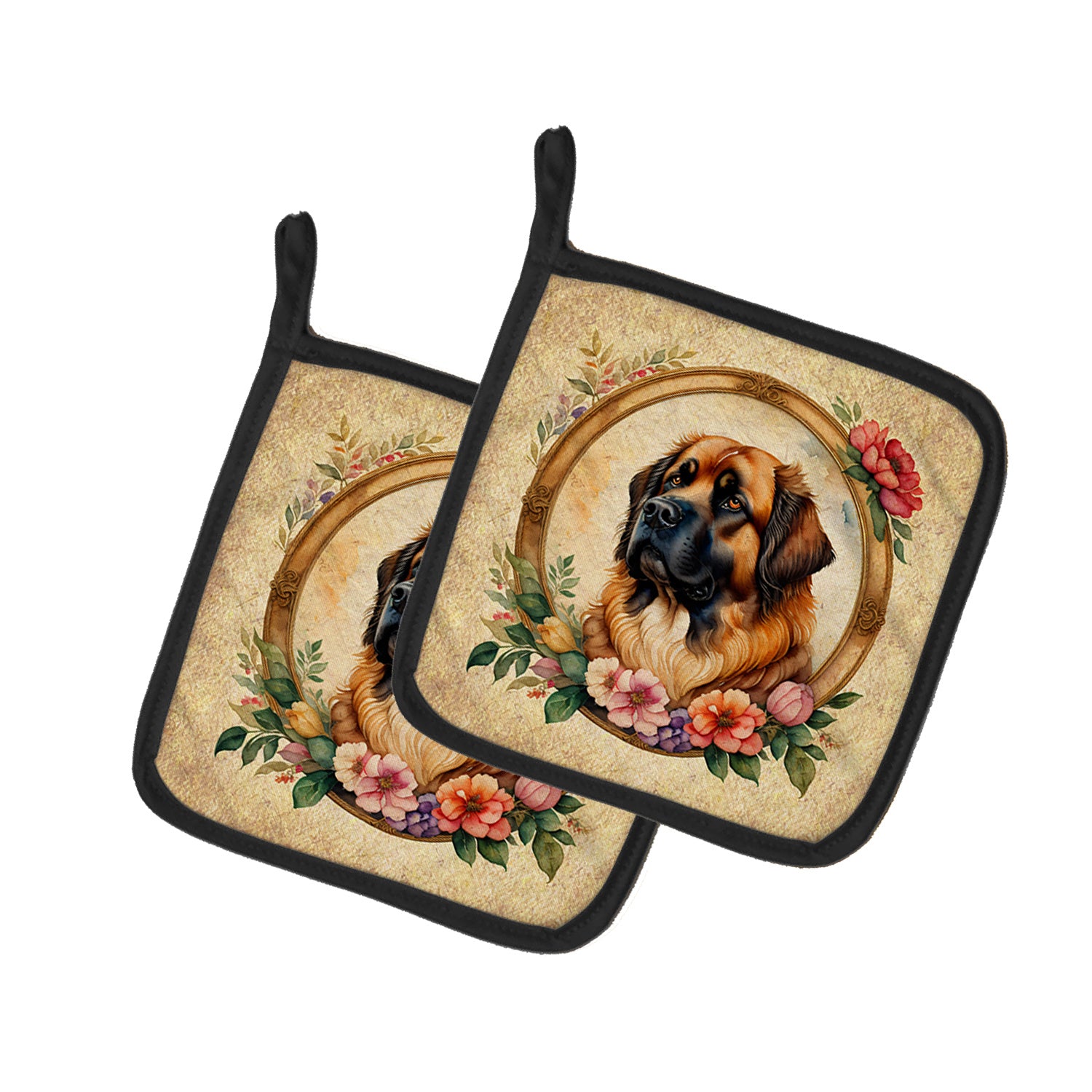 Leonberger and Flowers Pair of Pot Holders Kitchen Heat Resistant Pot Holders Sets Oven Hot Pads for Cooking Baking BBQ, 7 1/2 x 7 1/2