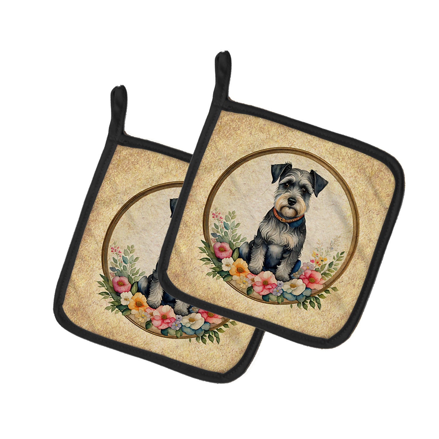 Schnauzer and Flowers Pair of Pot Holders Kitchen Heat Resistant Pot Holders Sets Oven Hot Pads for Cooking Baking BBQ, 7 1/2 x 7 1/2