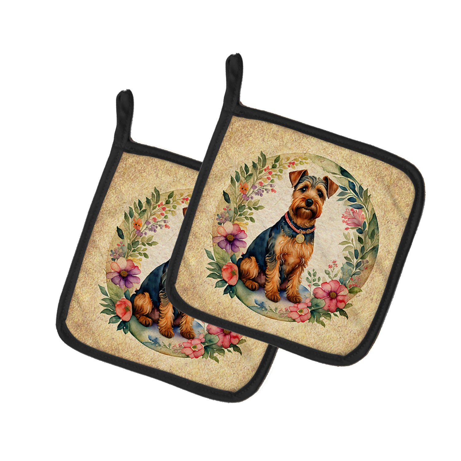 Welsh Terrier and Flowers Pair of Pot Holders Kitchen Heat Resistant Pot Holders Sets Oven Hot Pads for Cooking Baking BBQ, 7 1/2 x 7 1/2